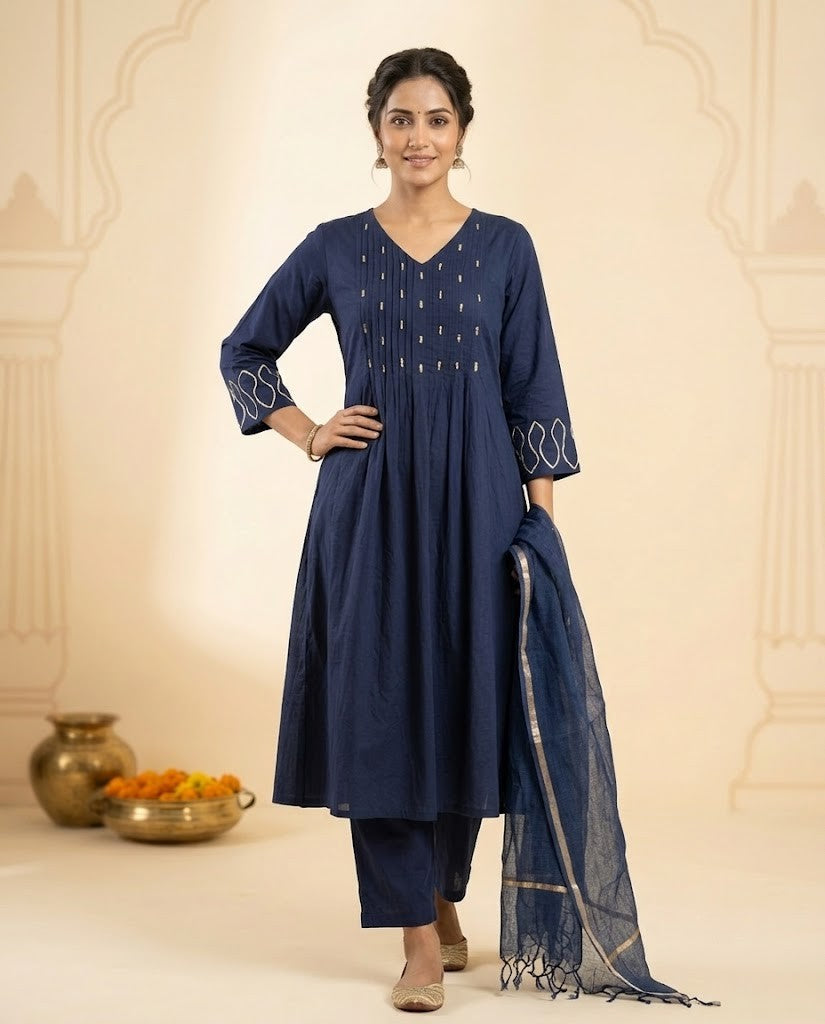 PINTUCK DETAILED NAVY BLUE PREMIUM COTTON 3PC KPD SET