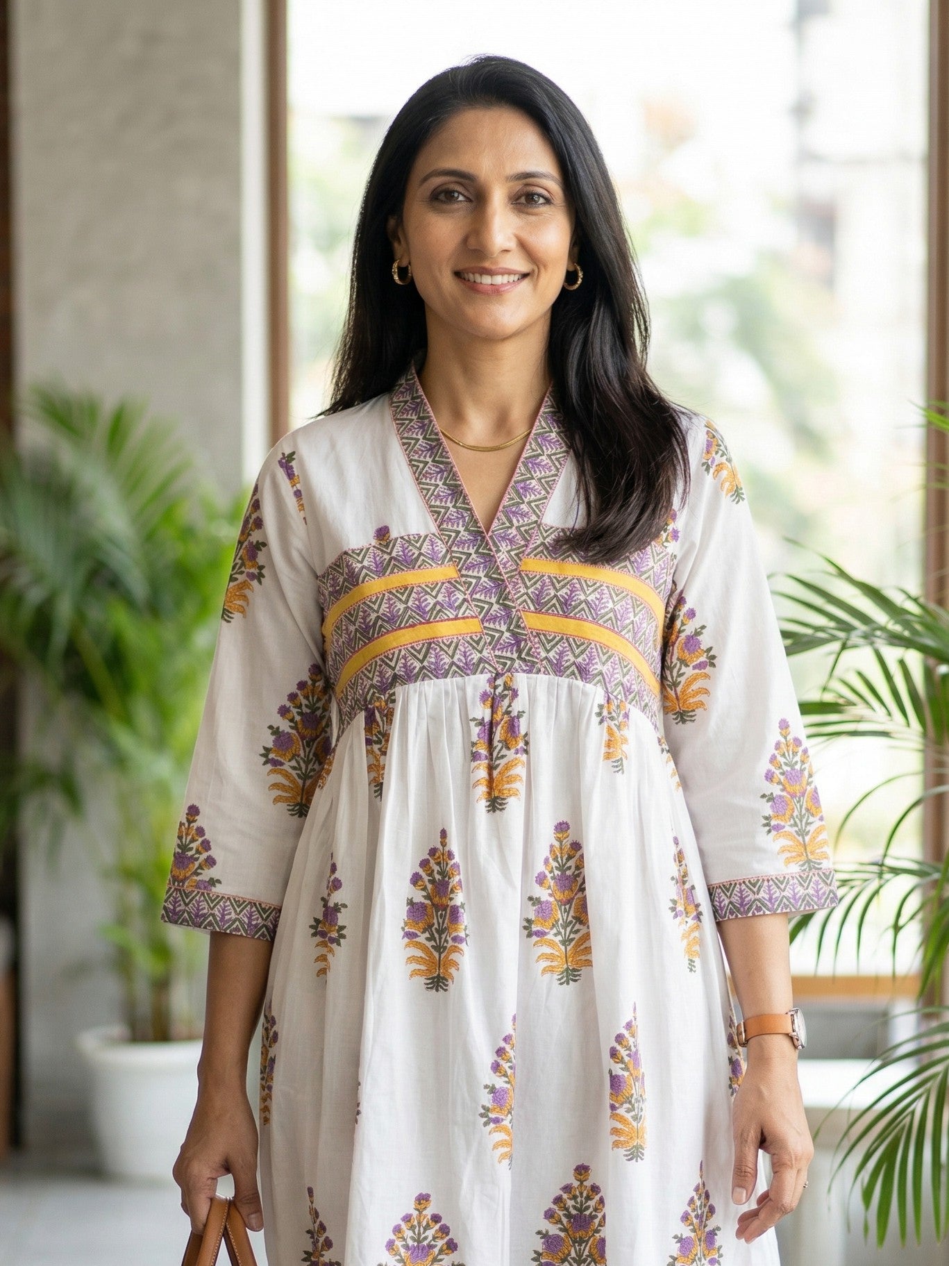 Purple and Yellow Cotton Mughal Butta Frock