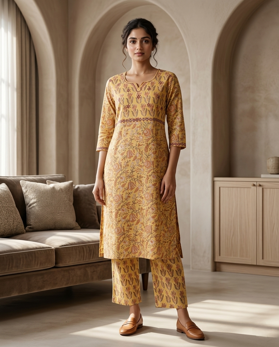 GOLDEN GRACE EMBROIDERY KURTA PANT SET - HANDBLOCK
