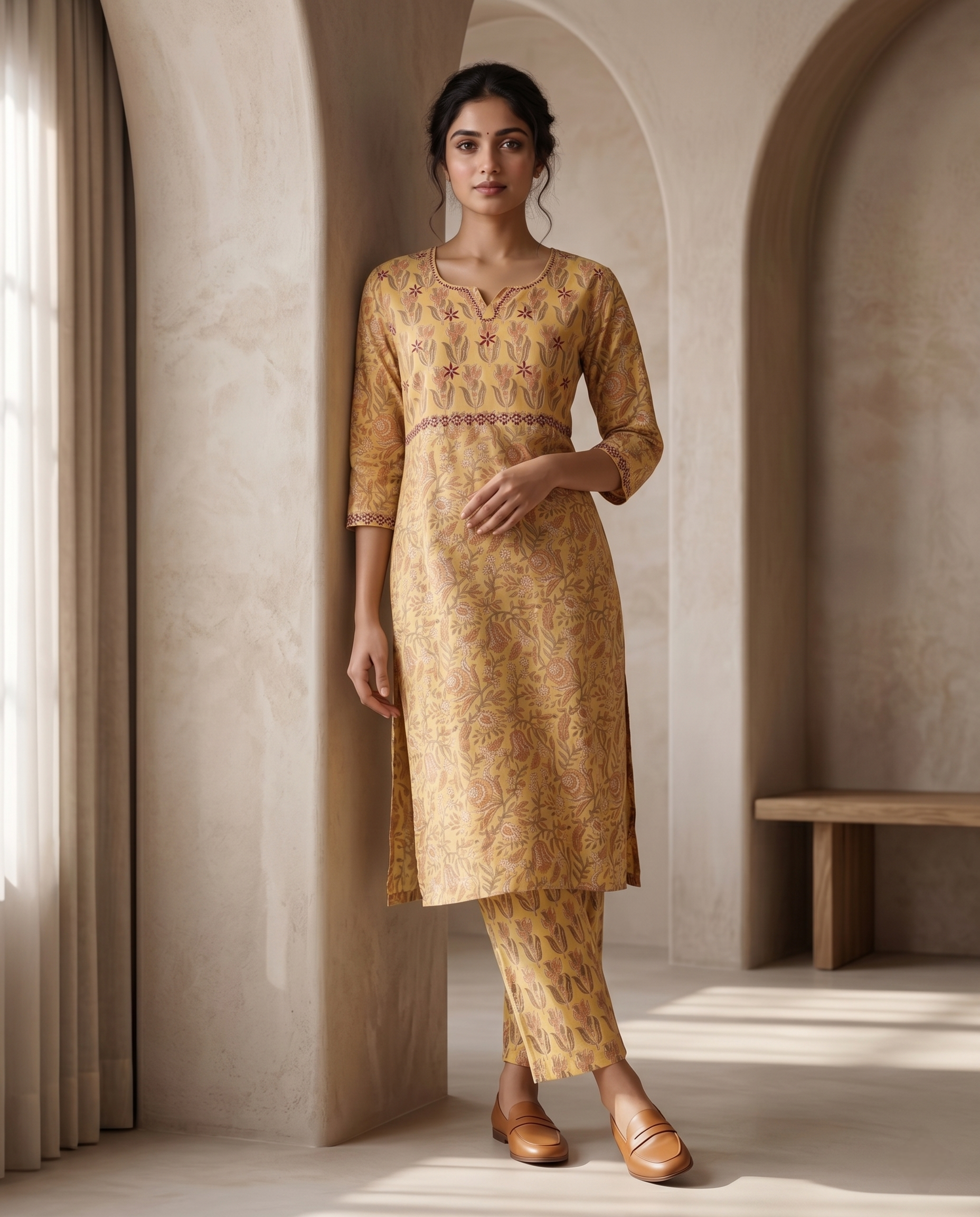 GOLDEN GRACE EMBROIDERY KURTA PANT SET - HANDBLOCK