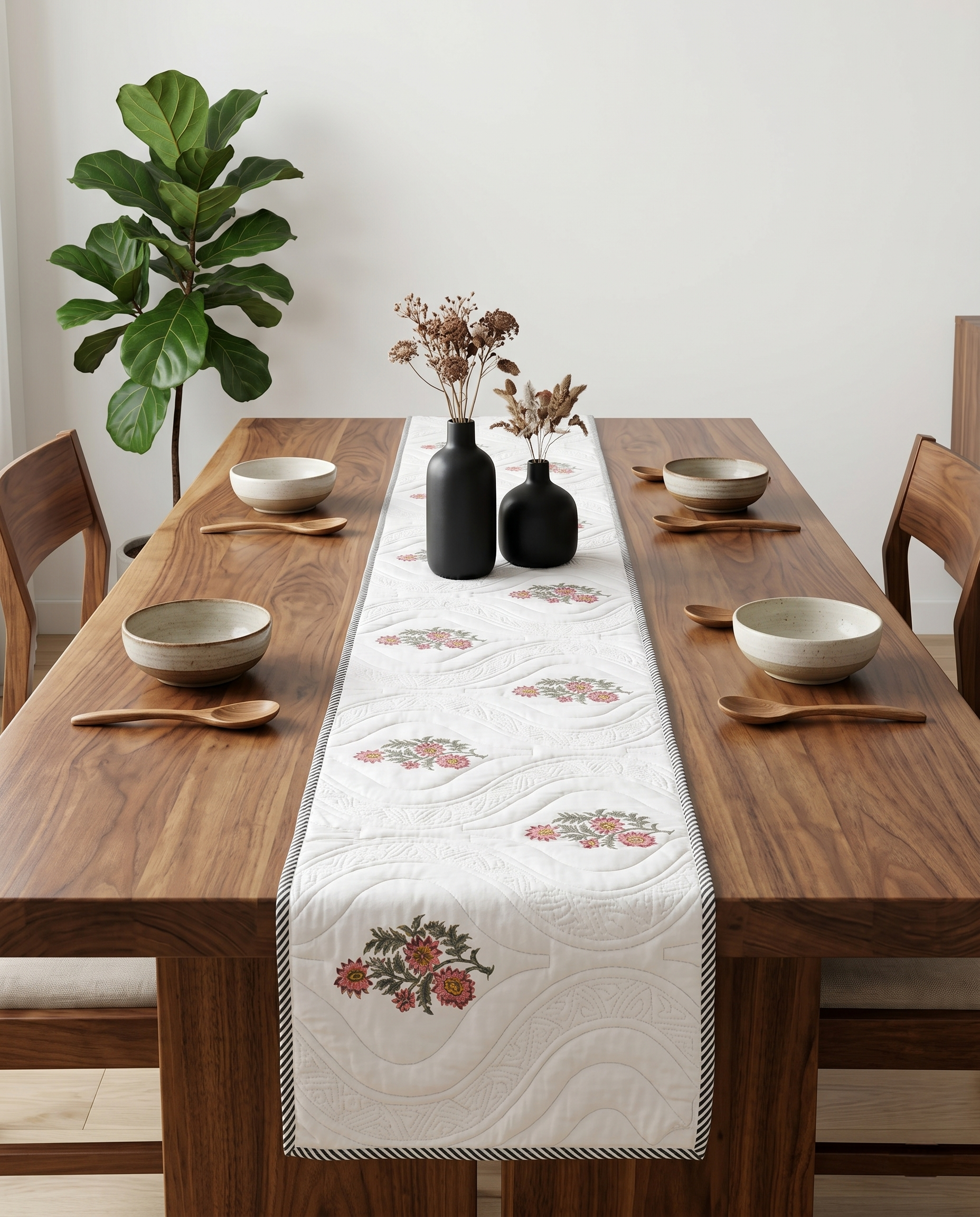 QUILTED TABLE RUNNER WITH FLORAL EMBROIDERY (REVERSIBLE, HANDBLOCK)