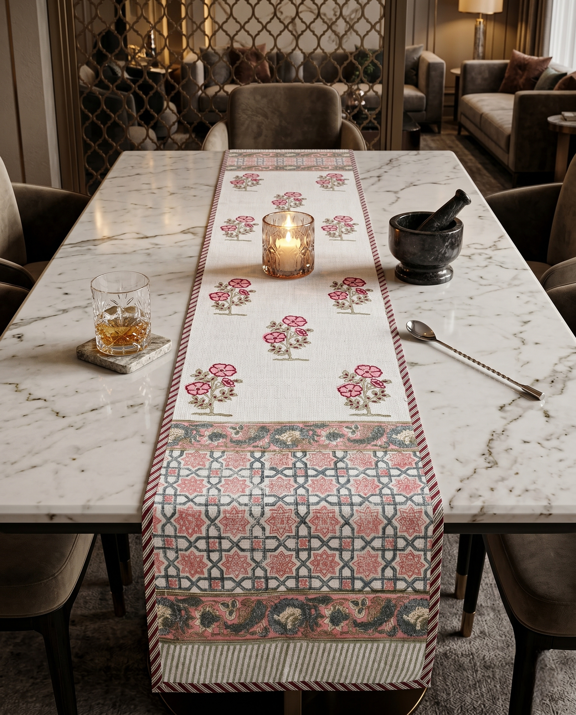 MUGHAL PATTERN JUTE TABLE RUNNER (REVERSIBLE, HANDBLOCK)