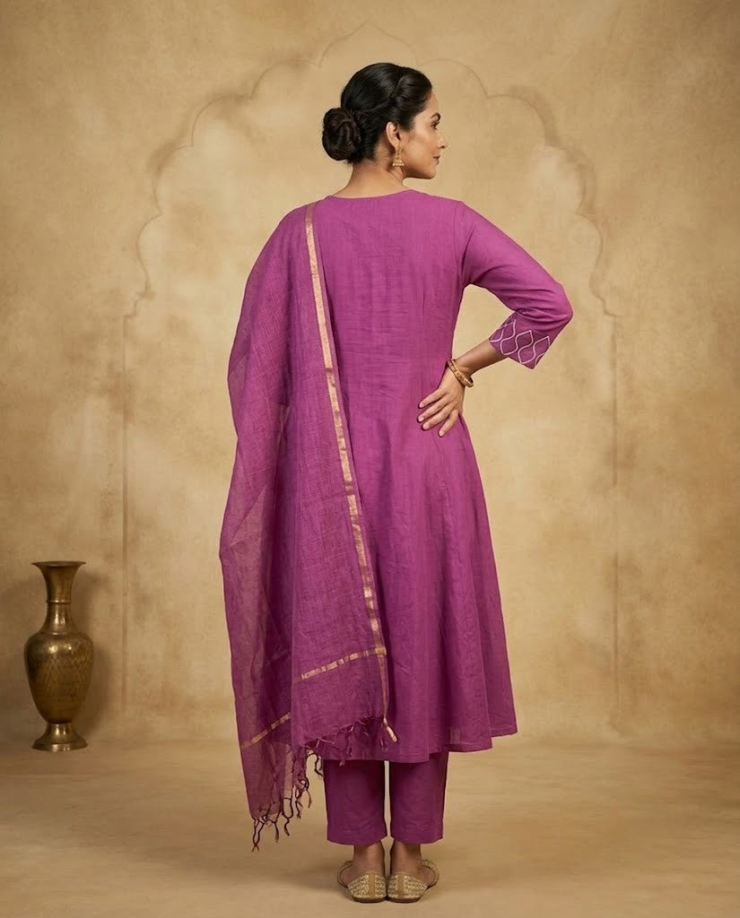 ETHNIC MOTIF MAUVE PURPLE PREMIUM COTTON 3PC KPD SET