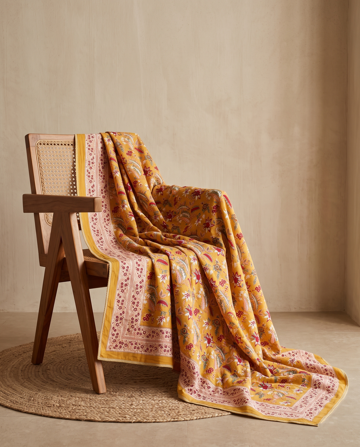 Mustard Floral Garden Hand Block Cotton Double Dohar