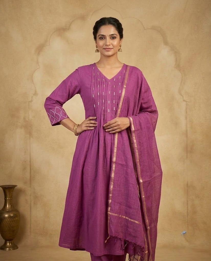 ETHNIC MOTIF MAUVE PURPLE PREMIUM COTTON 3PC KPD SET