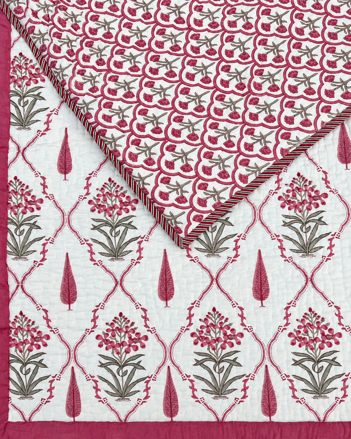 The Rosy Trellis Handblock Cotton Reversible Quilt