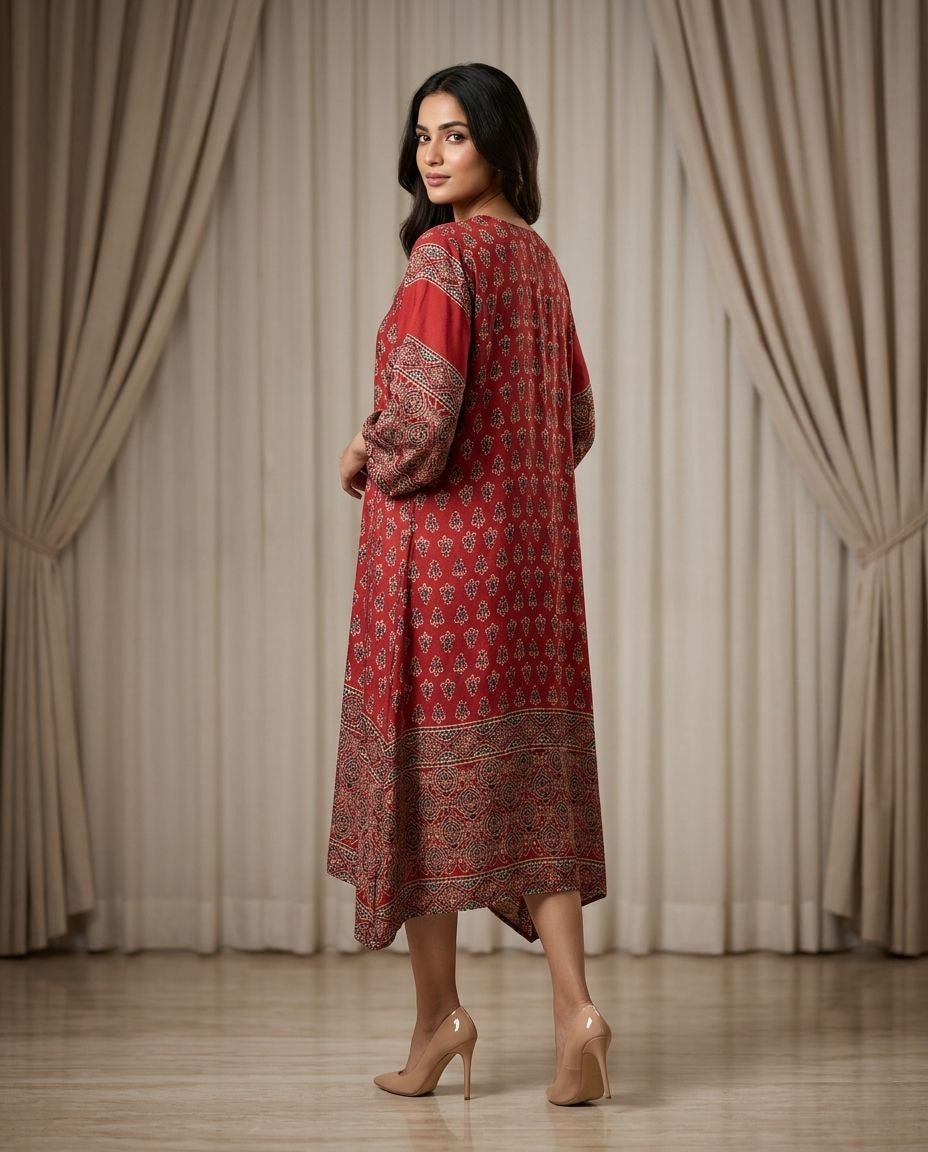 MOSAIC POINT MODAL SILK RED AJRAKH KURTA (HANDBLOCK)