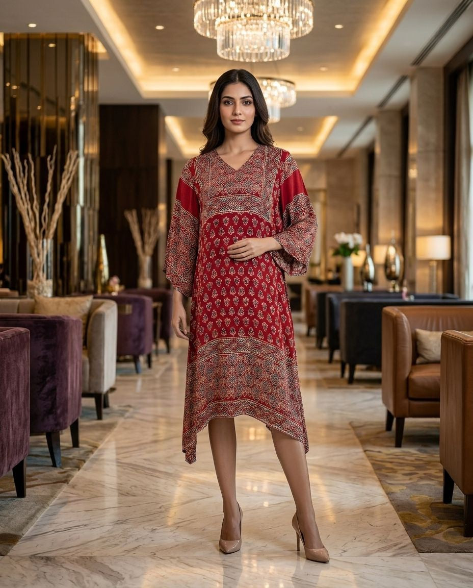 MOSAIC POINT MODAL SILK RED AJRAKH KURTA (HANDBLOCK)