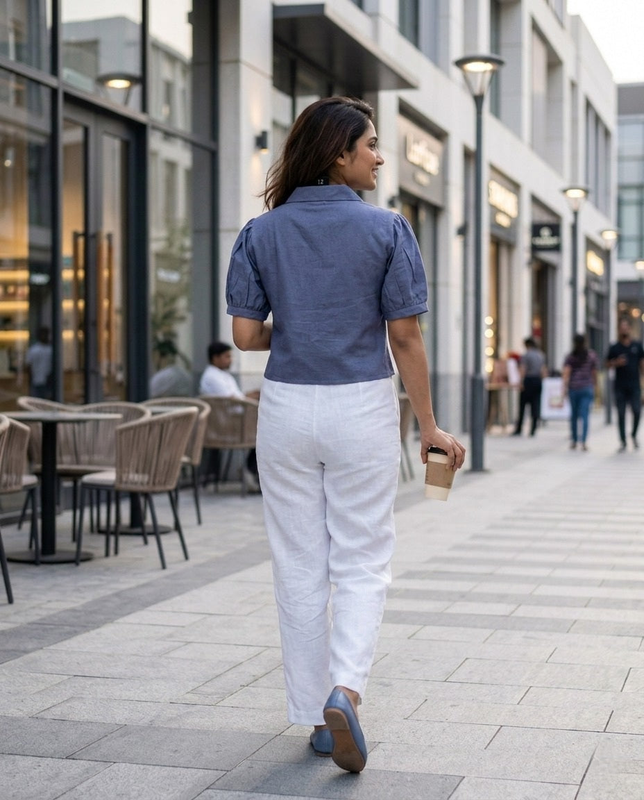 SOFT COTTON LINEN GREYISH BLUE CROP TOP