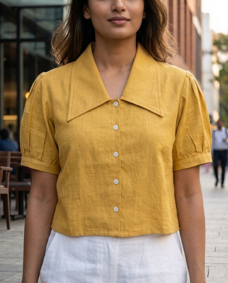 SOFT COTTON LINEN YELLOW CROP TOP