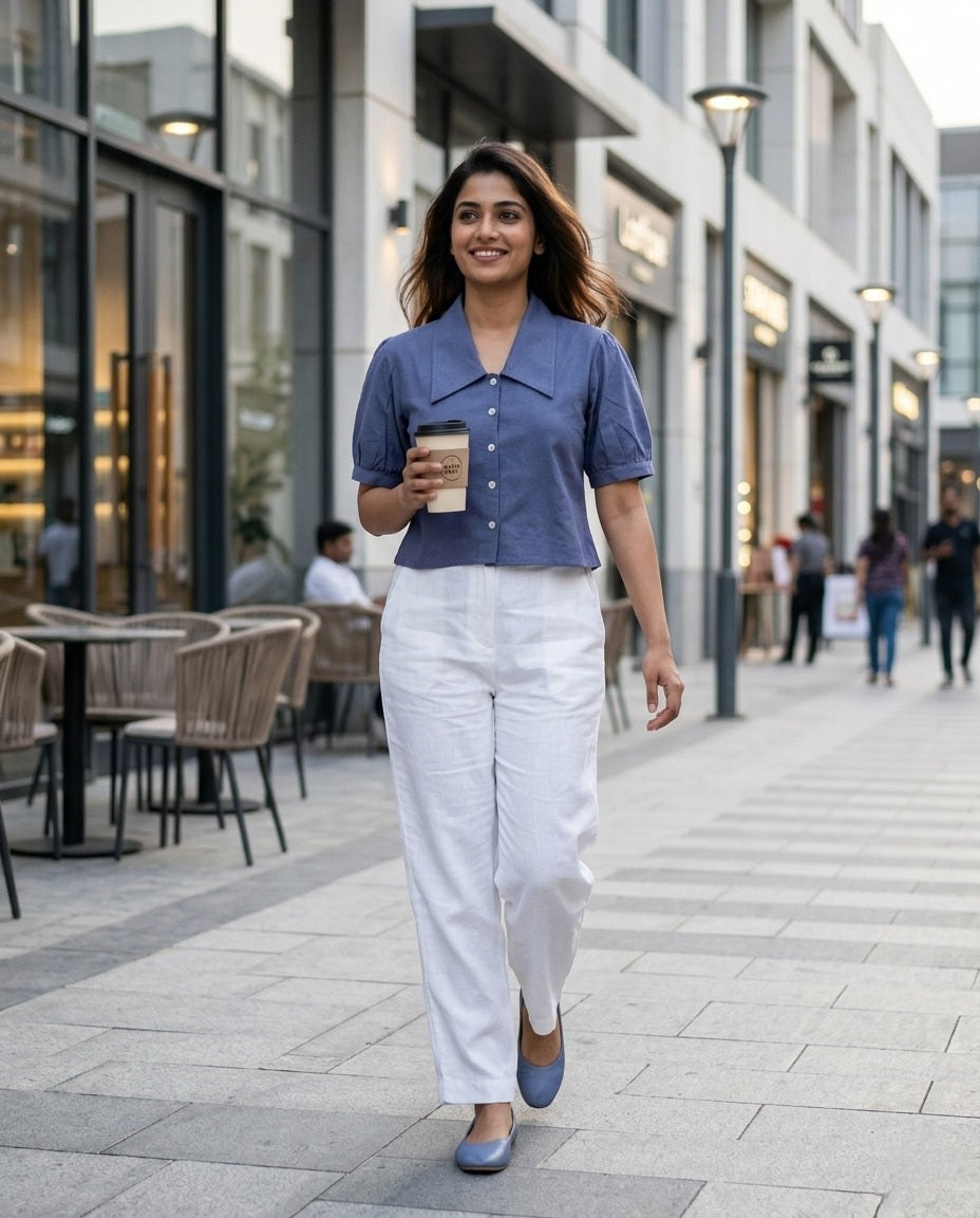 SOFT COTTON LINEN GREYISH BLUE CROP TOP