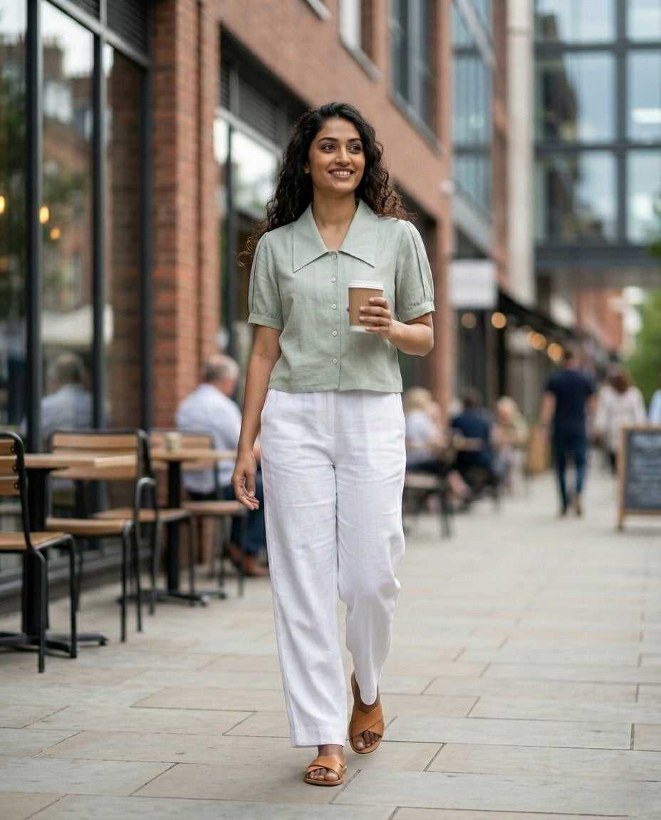 SOFT COTTON LINEN SEA GREEN CROP TOP