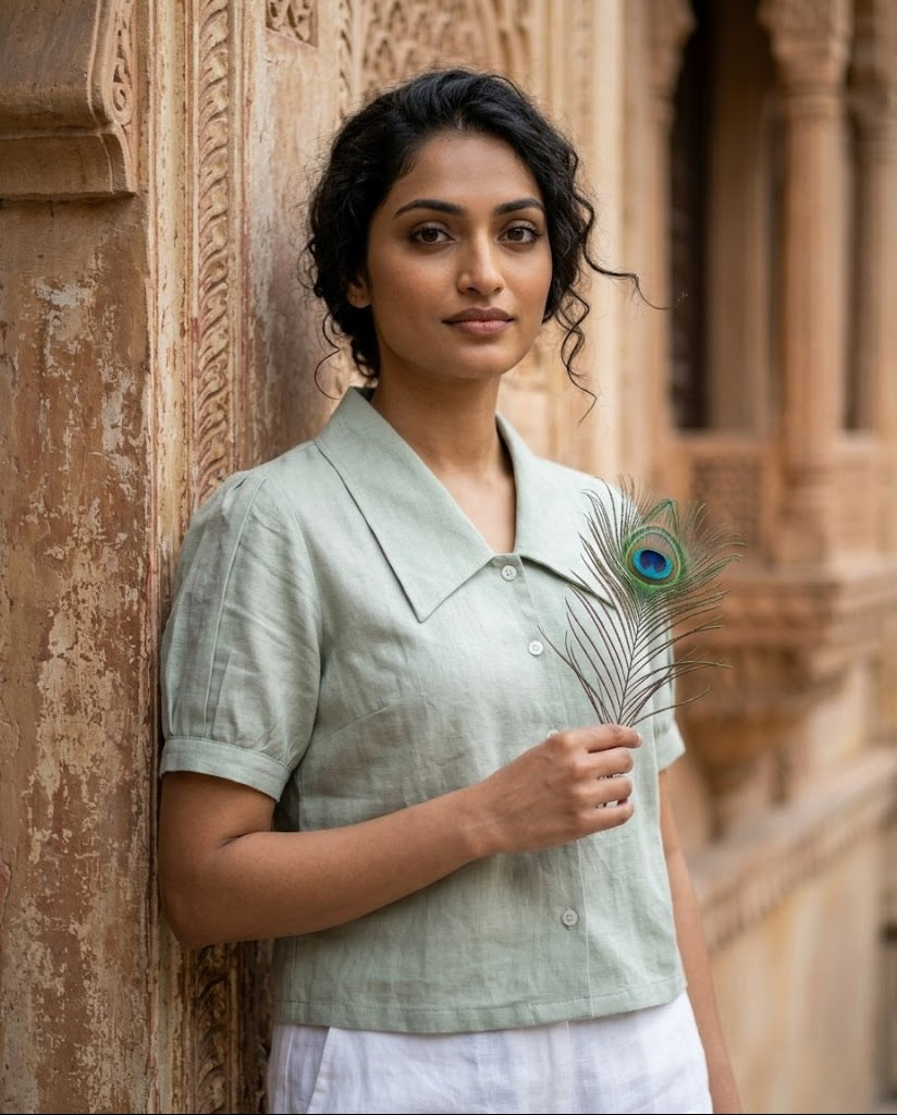 SOFT COTTON LINEN SEA GREEN CROP TOP