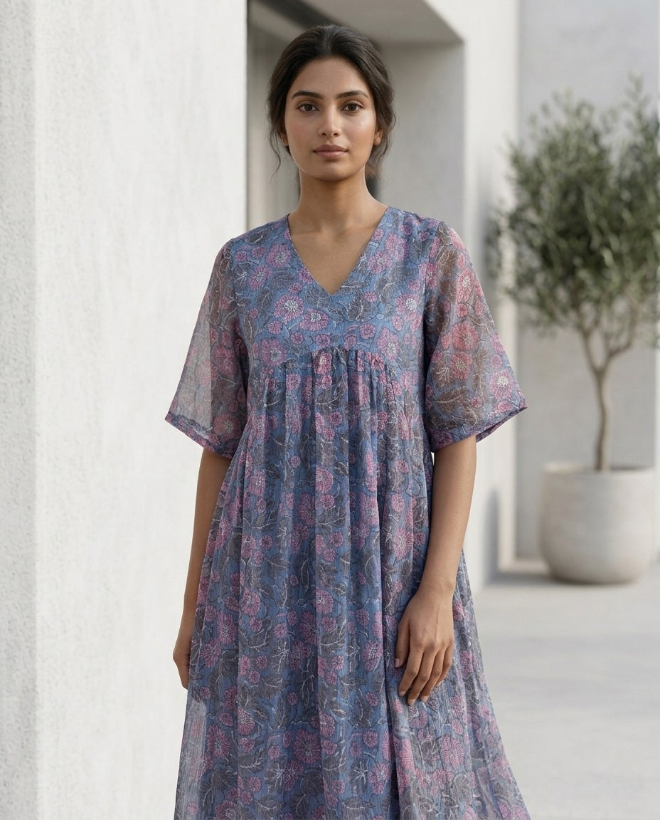The Daydrift Kota Doria V-Neck Dress (HANDBLOCK)