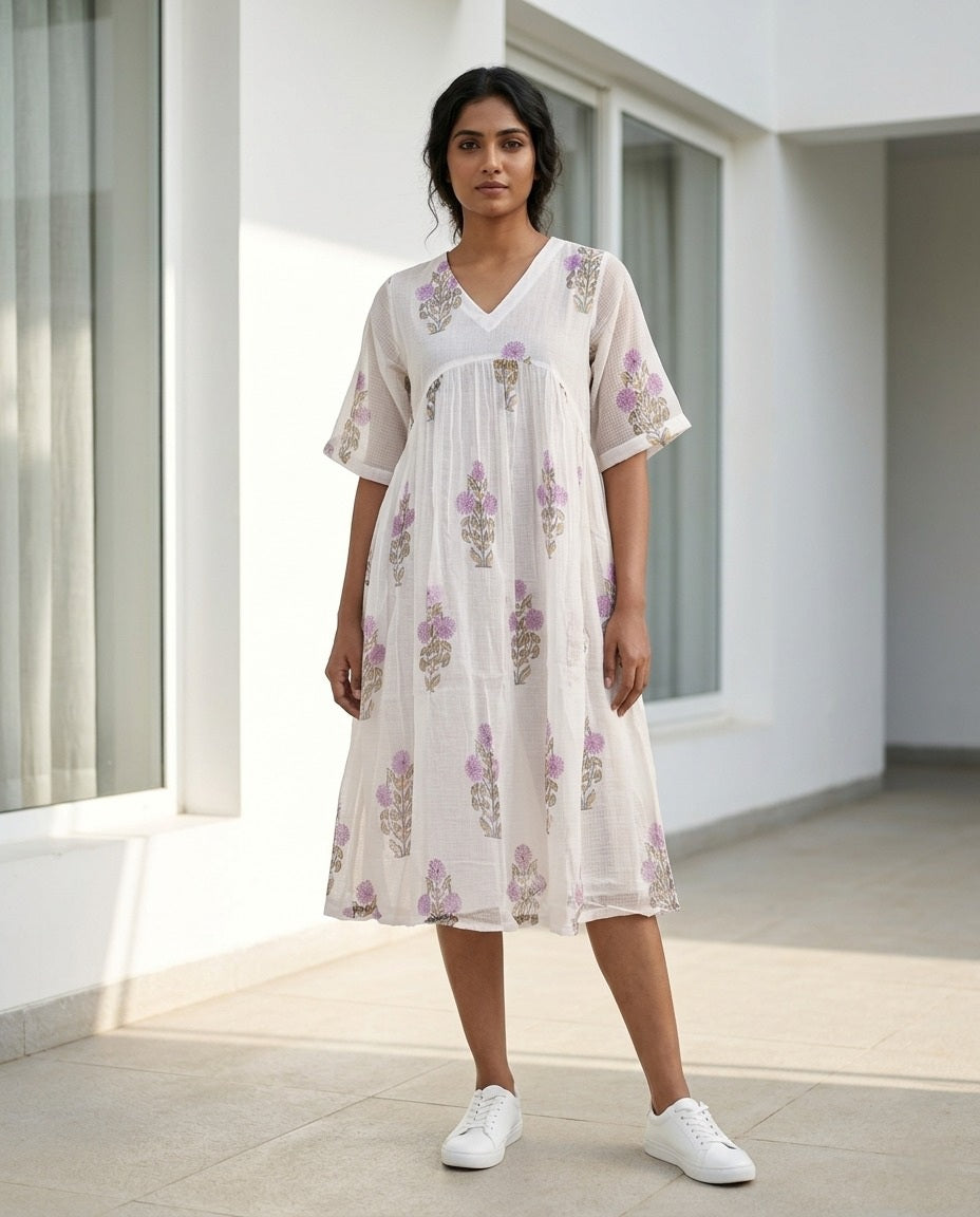 The Daydrift Kota Doria V-Neck Dress (HANDBLOCK)