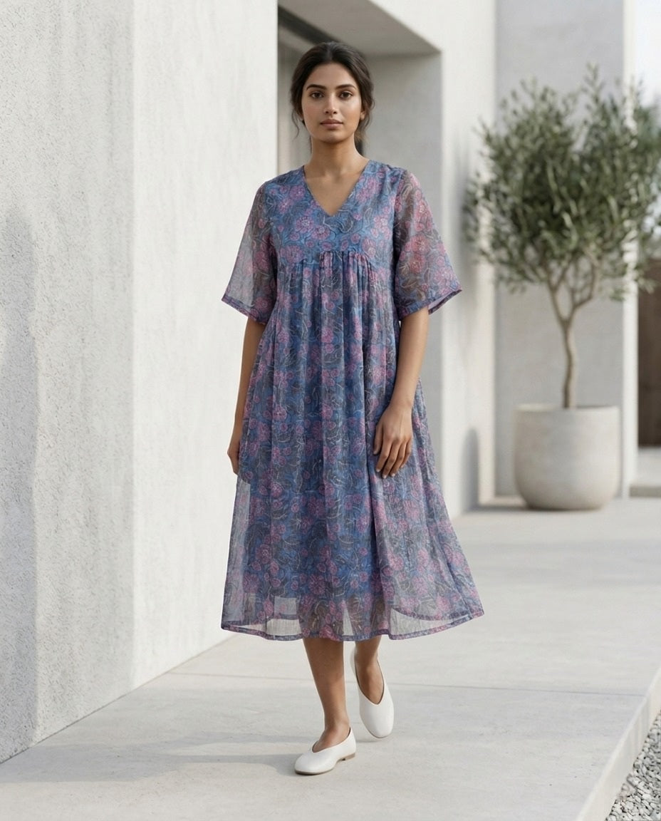The Daydrift Kota Doria V-Neck Dress (HANDBLOCK)