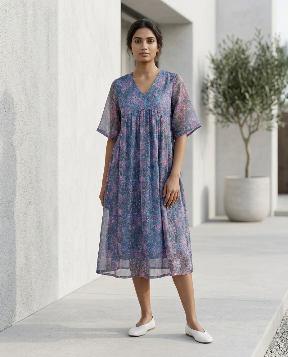 The Daydrift Kota Doria V-Neck Dress (HANDBLOCK)