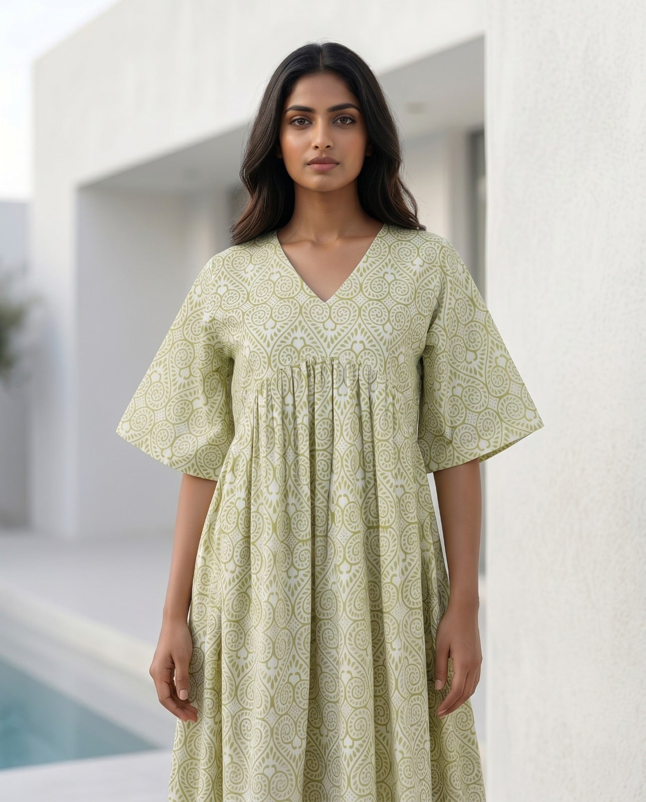 THE AURA V-NECK DRESS (HANDBLOCK)