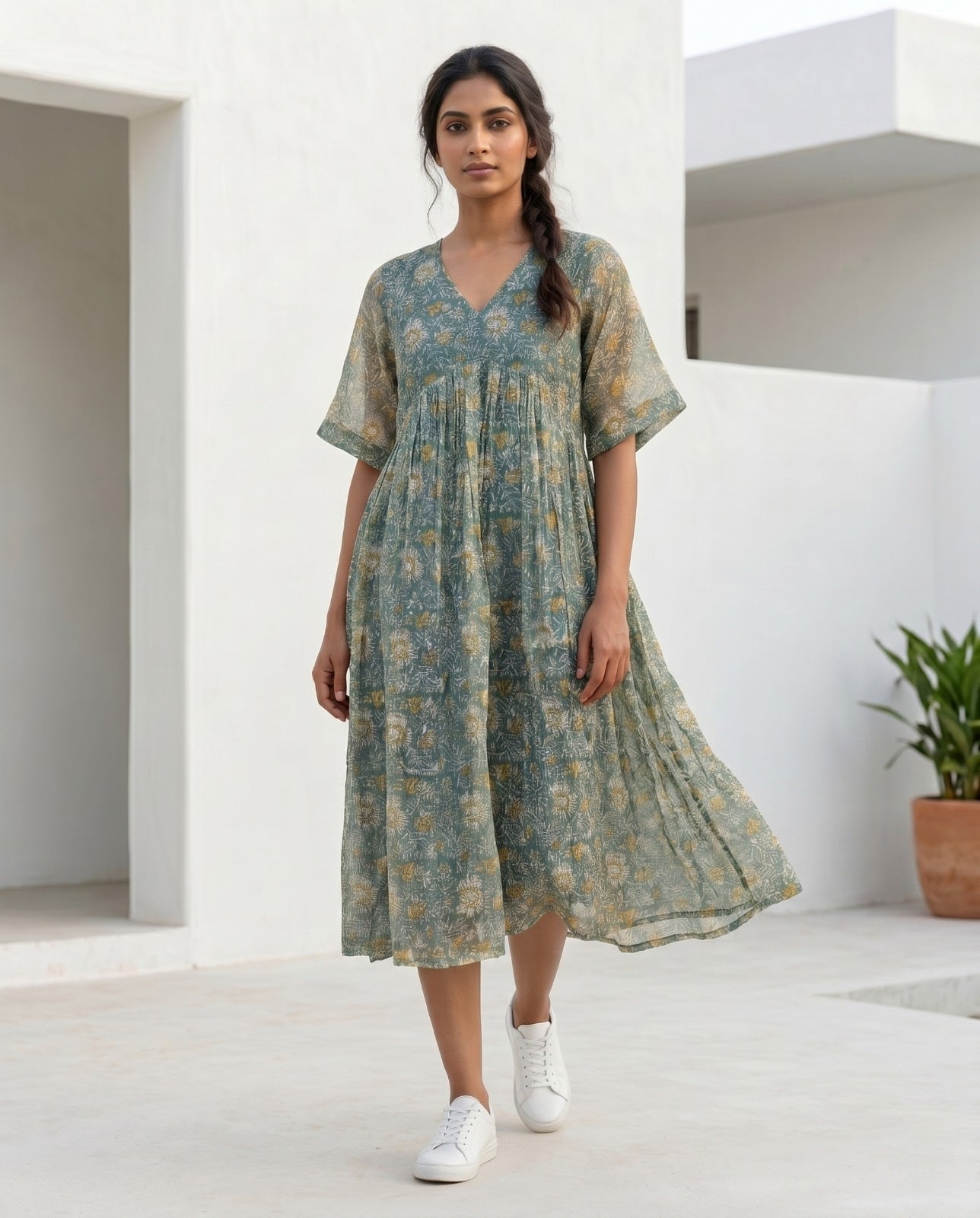The Daydrift Kota Doria V-Neck Dress (HANDBLOCK)