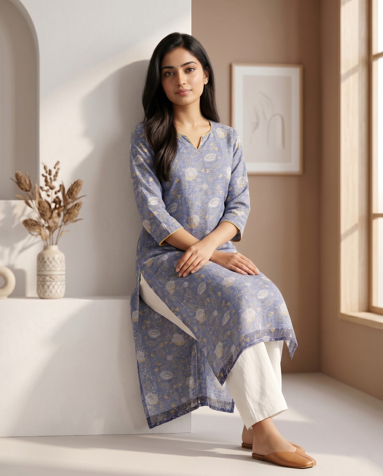 FLORAL KOTA DORIA STRAIGHT KURTA (HANDBLOCK)
