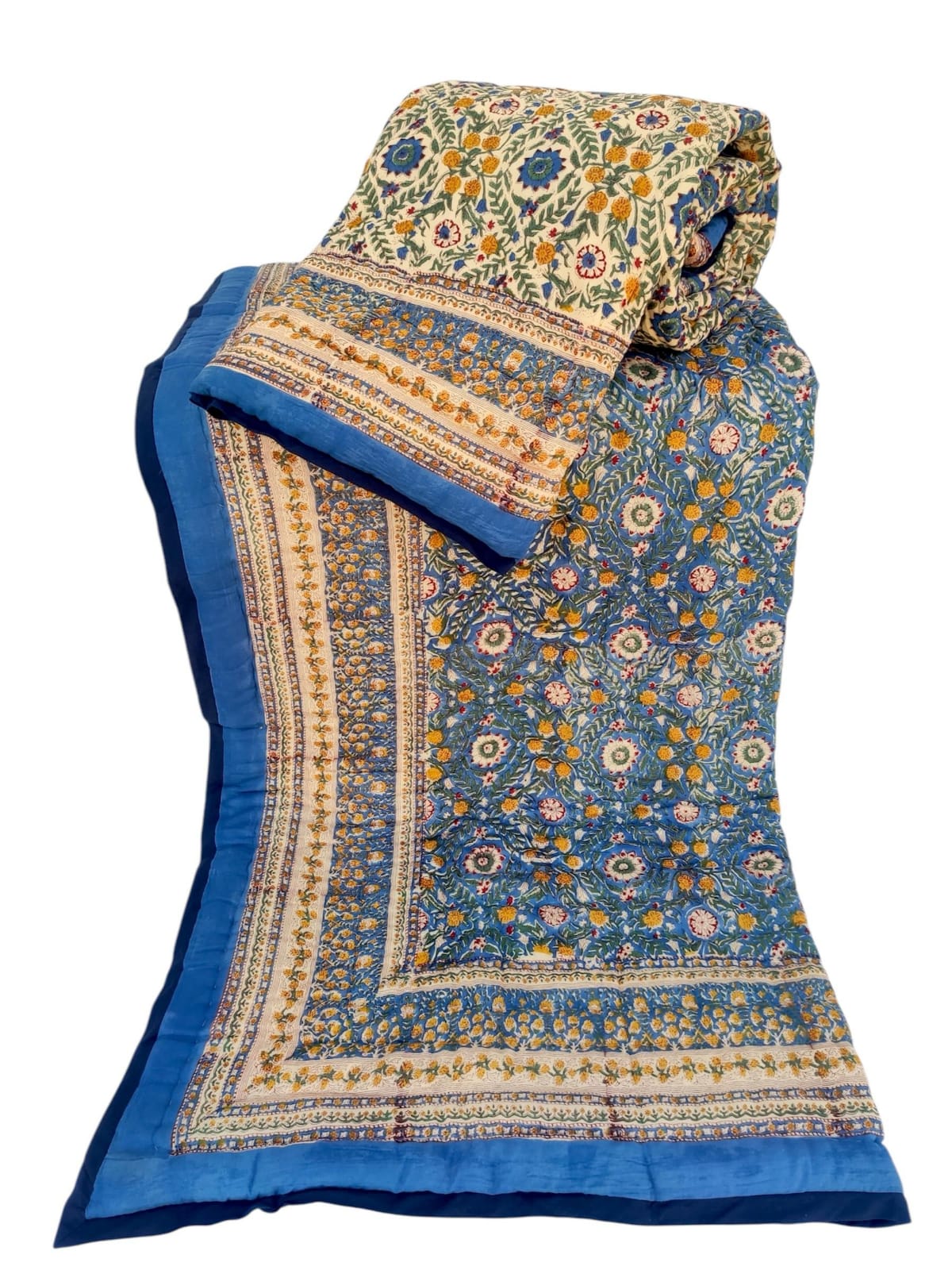 Hand Block Reversible Single Quilt Premium Cotton – Blue Floral