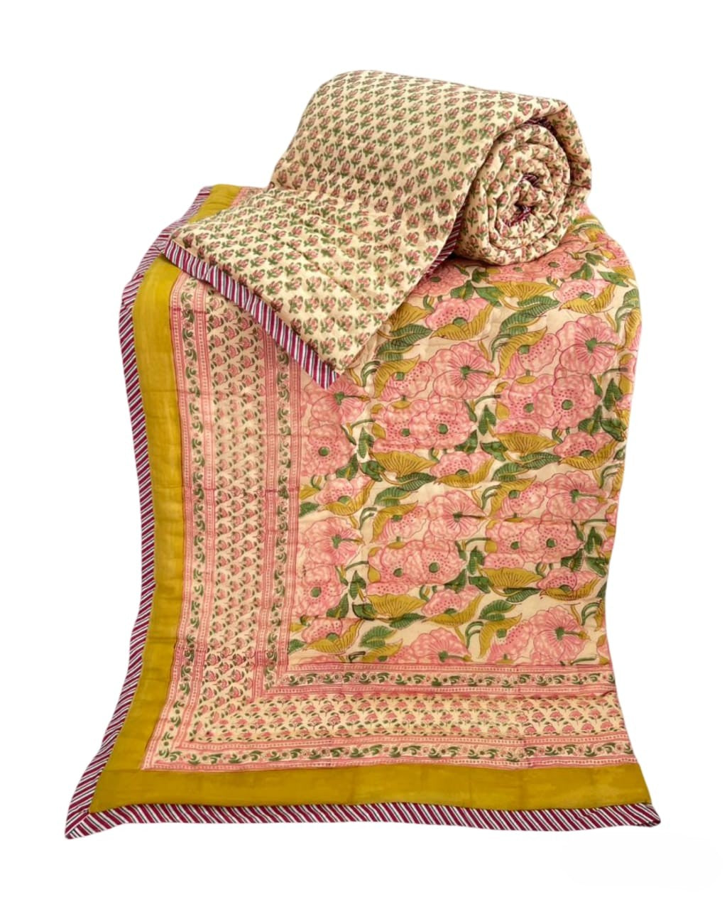 Hand Block Reversible Single Quilt Premium Cotton – Mustard Floral