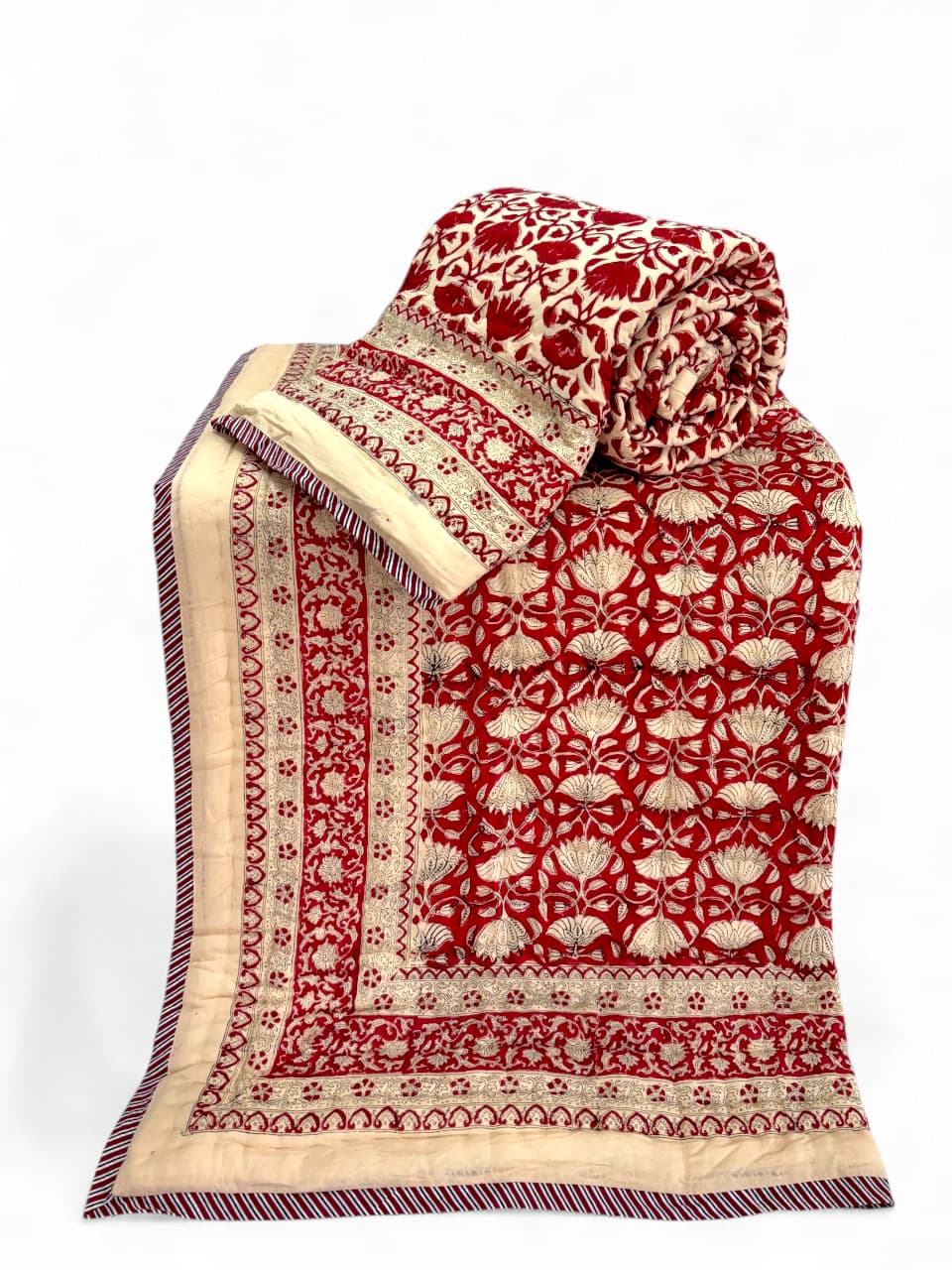 Hand Block Reversible Single Quilt Premium Cotton – Maroon & Ivory Floral