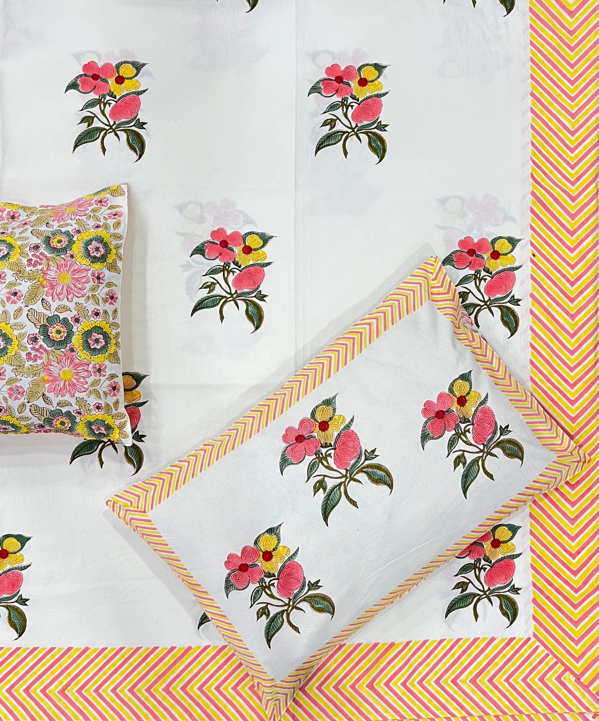 Hand Block Thick Cotton Bedsheet – Ivory Pink & Yellow Floral