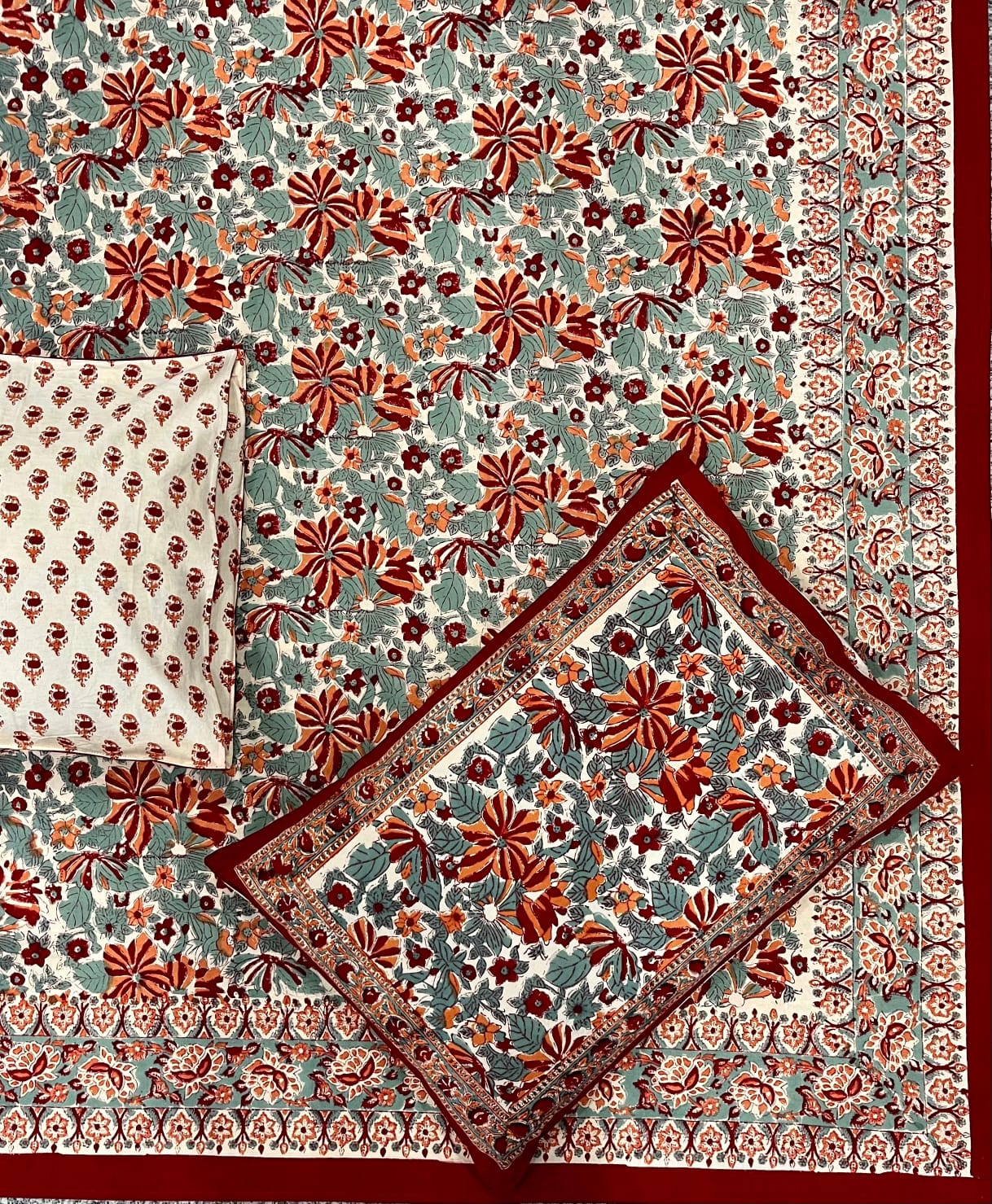 Hand Block Thick Cotton 90*108 Bedsheet – Rust Red Floral Garden