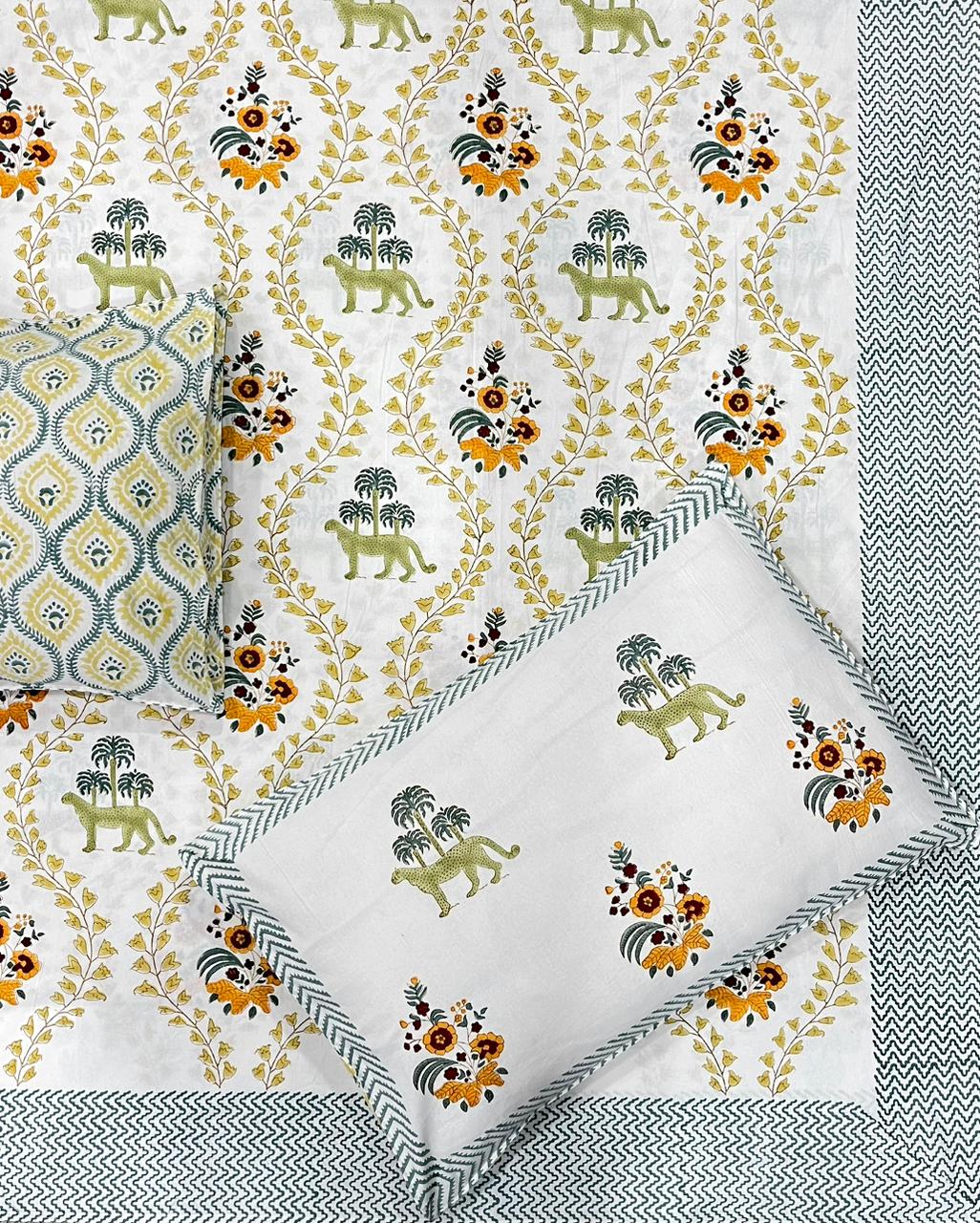Hand Block Thick Cotton 90*108 Bedsheet – Olive Safari & Mustard Floral