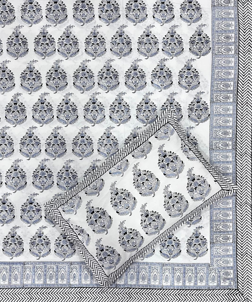 Hand Block Thick Cotton 90*108 Bedsheet – Indigo Blue & Charcoal Floral