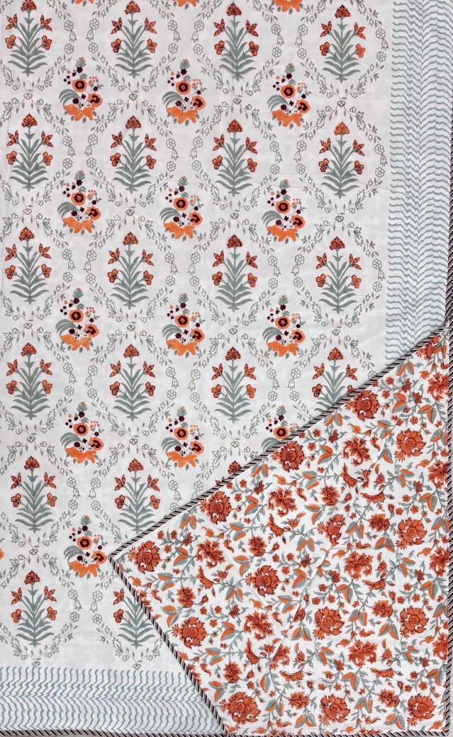 Hand Block Reversible Double Dohar Premium Cotton – Rust Floral