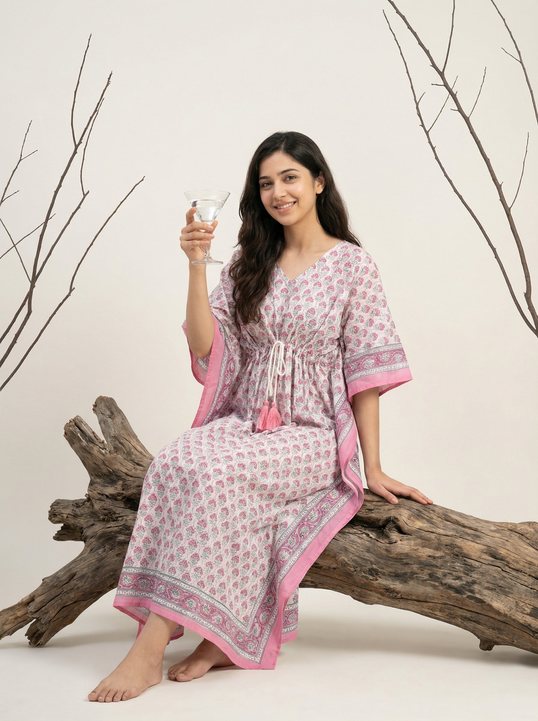 Long Mul Cotton White/Pink Kaftan