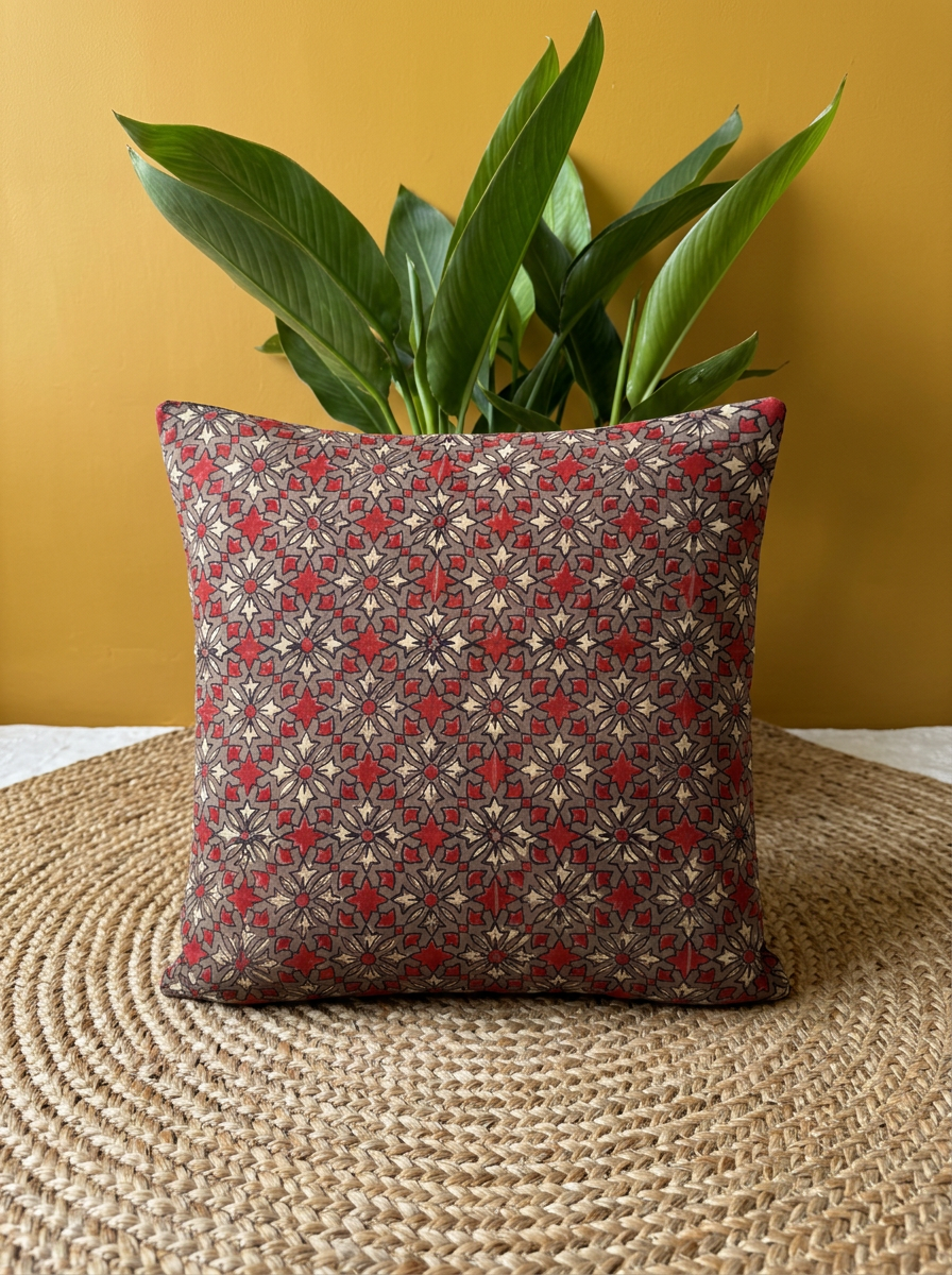 Ajrakh Modal Geometric Floral Brown Cushion Cover
