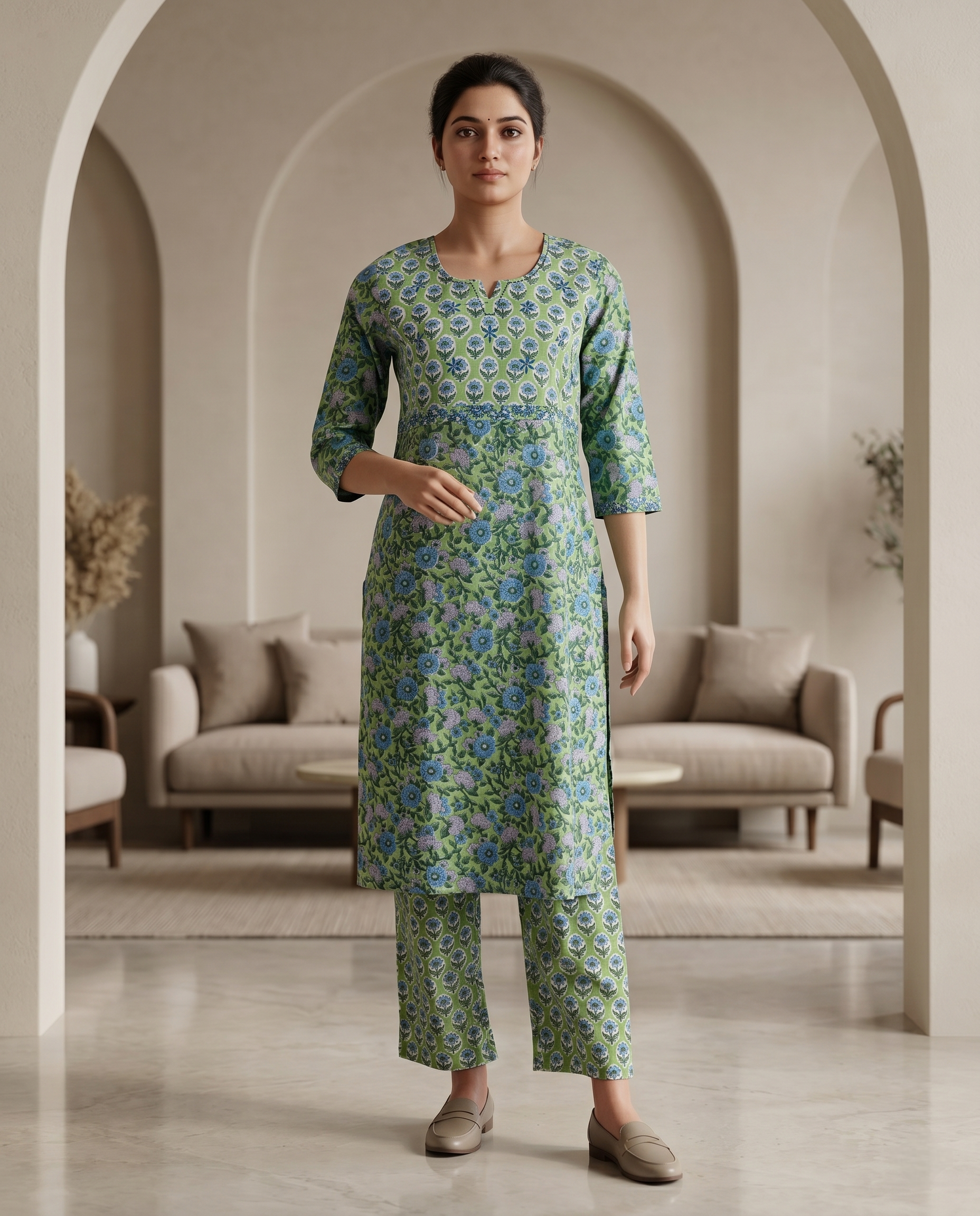 GOLDEN GRACE EMBROIDERY KURTA PANT SET - HANDBLOCK