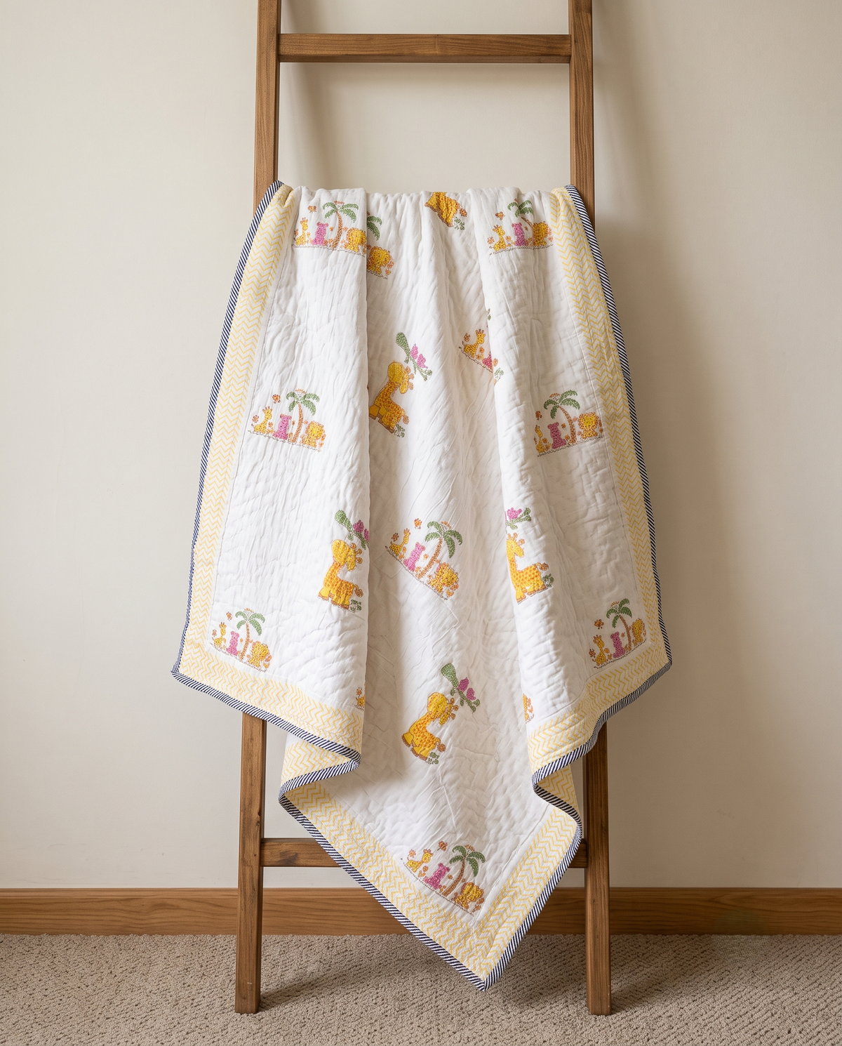 SUNNY GIRAFFE MEADOW HAND BLOCK BABY REVERSIBLE QUILT