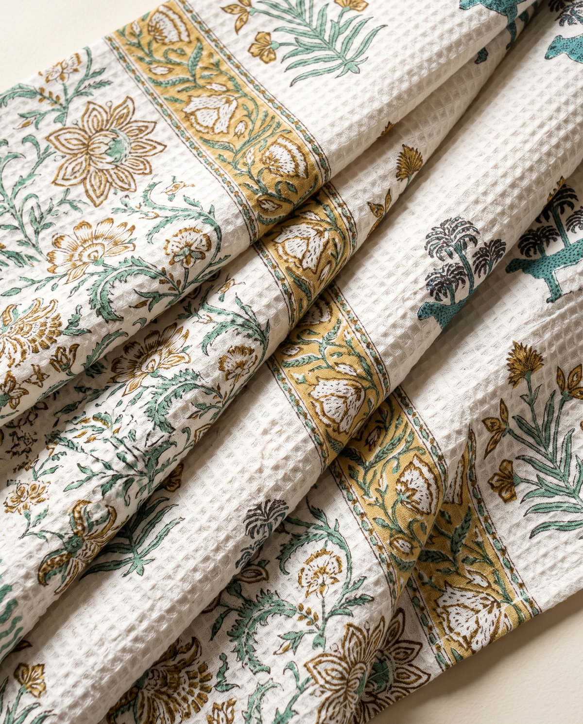 MYSTIC TEAL BOTANICAL HAND BLOCK WAFFLE BATH TOWEL SET