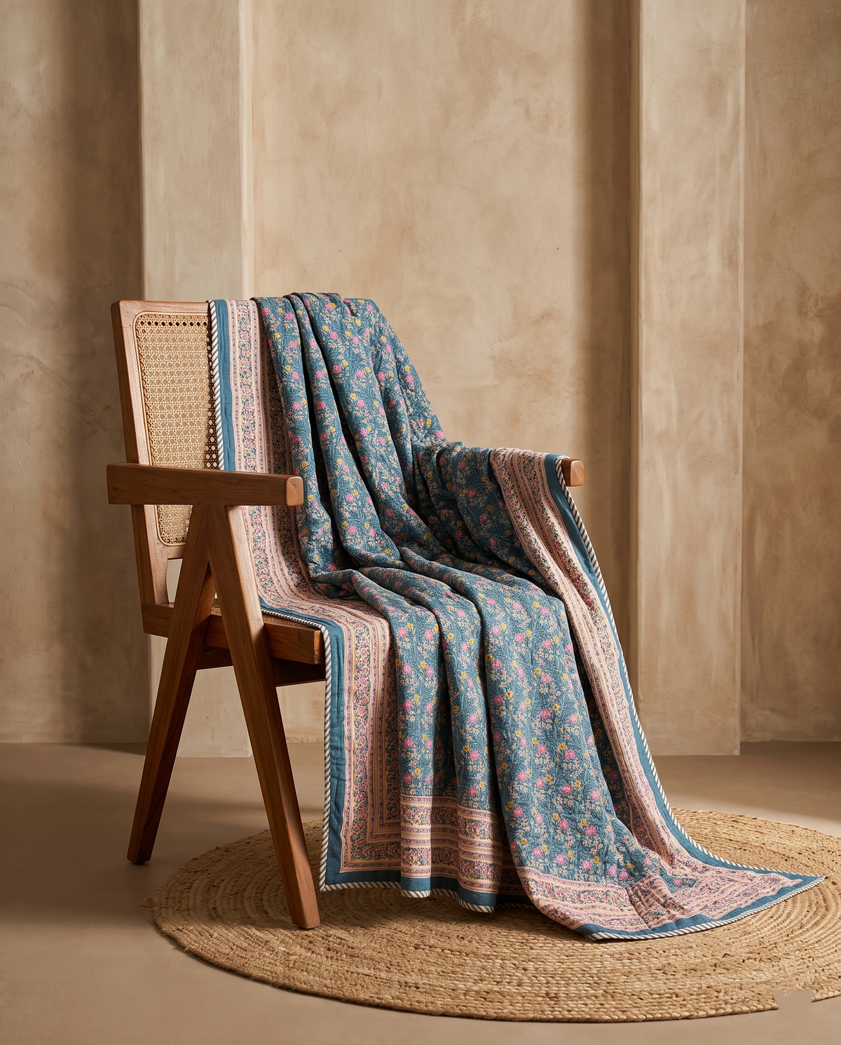 Midnight Teal Floral Vine Hand Block Cotton Double Dohar