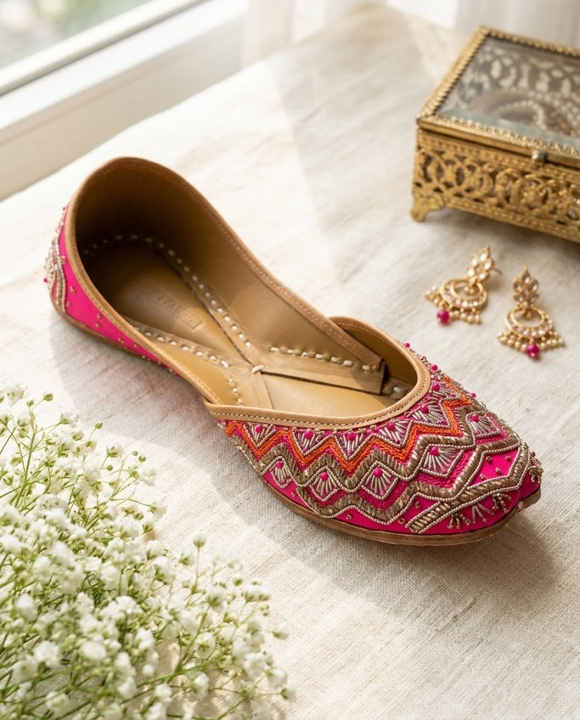 RANI PINK FESTIVE ZARI PURE LEATHER HANDCRAFTED JUTTI
