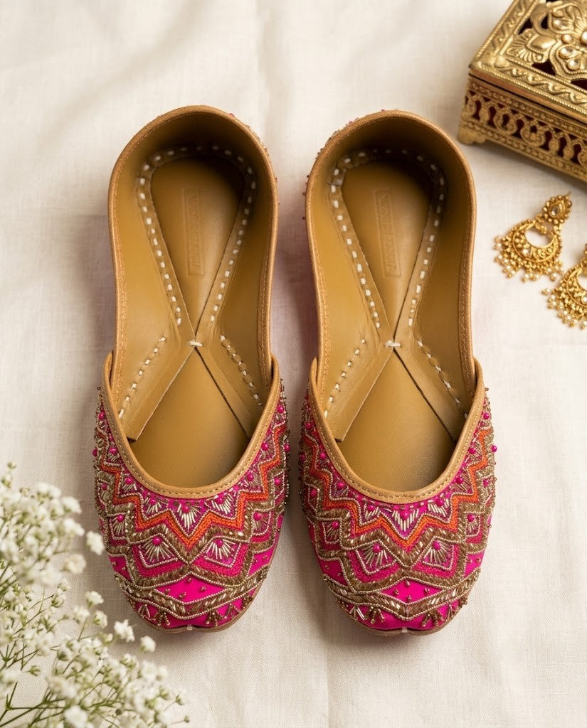RANI PINK FESTIVE ZARI PURE LEATHER HANDCRAFTED JUTTI