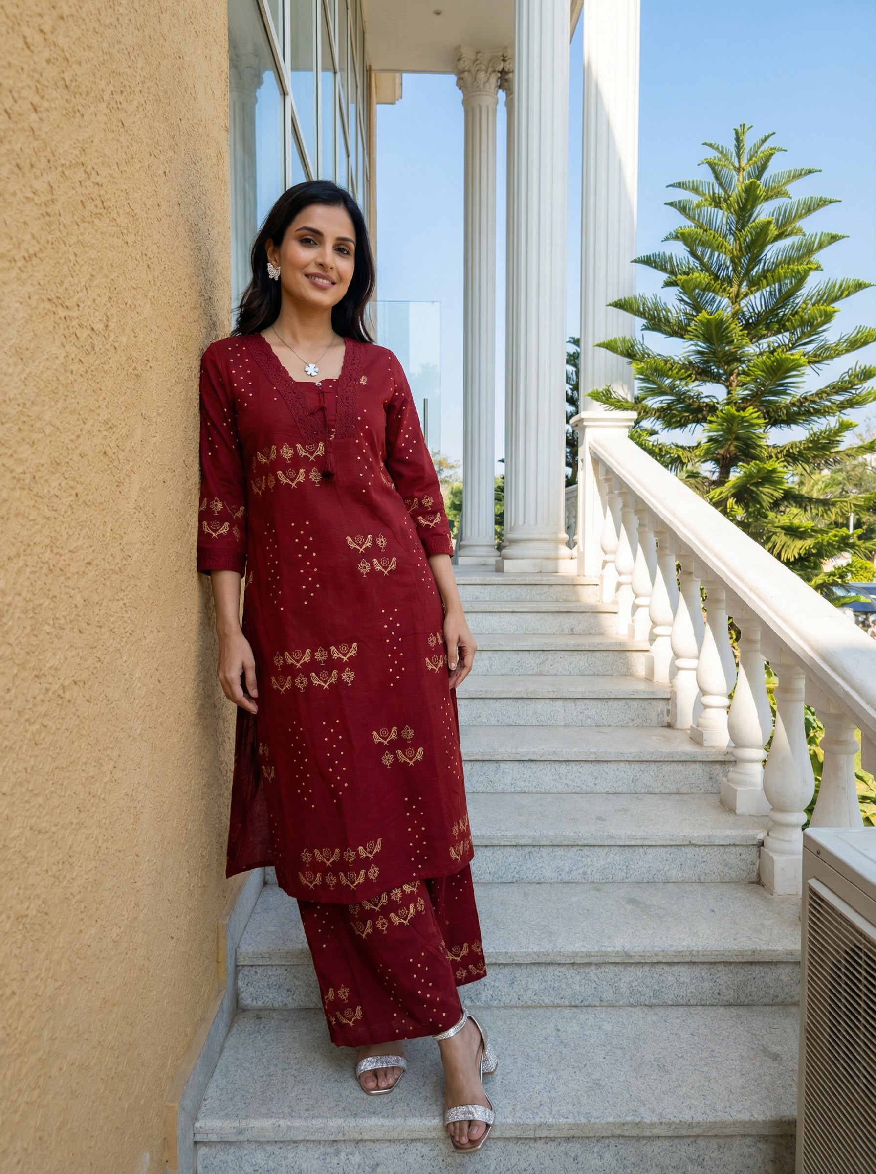 Laced Birdwhirl Maroon Cotton KP Set