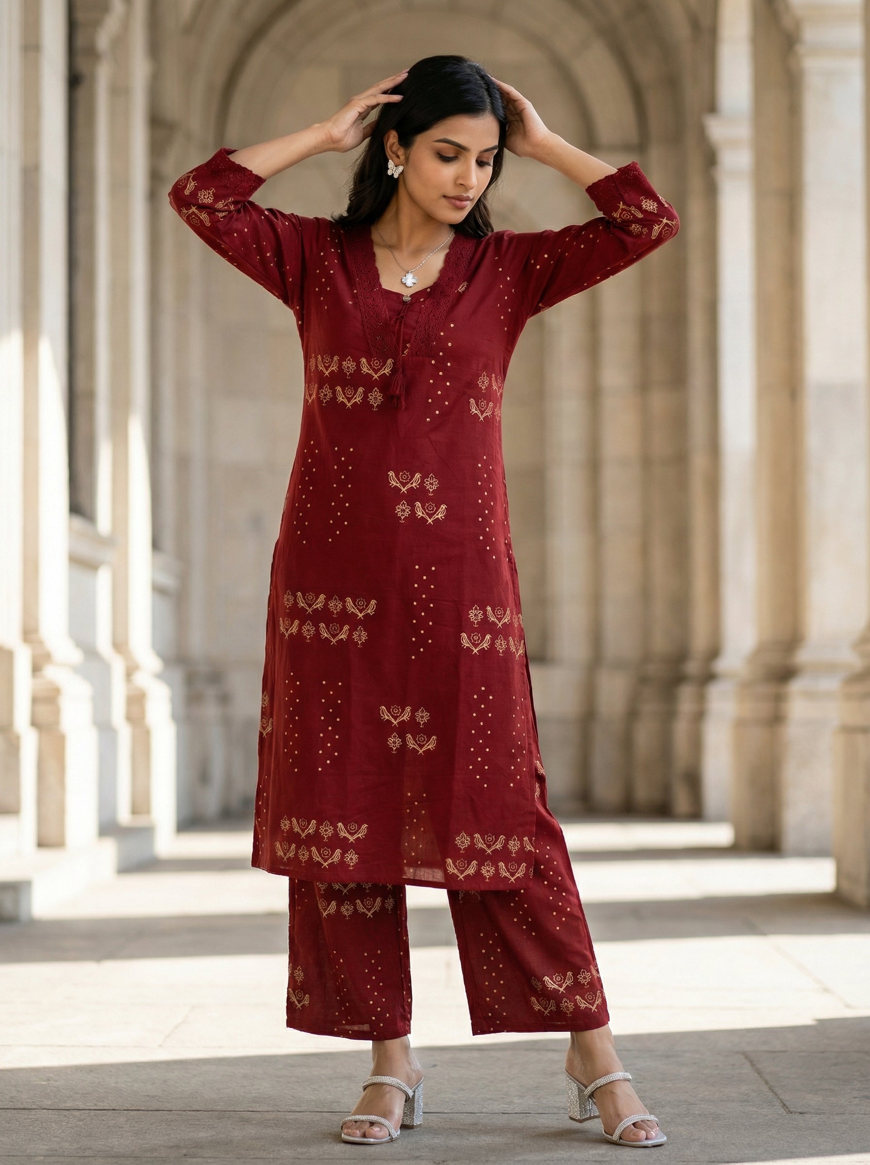 Laced Birdwhirl Maroon Cotton KP Set