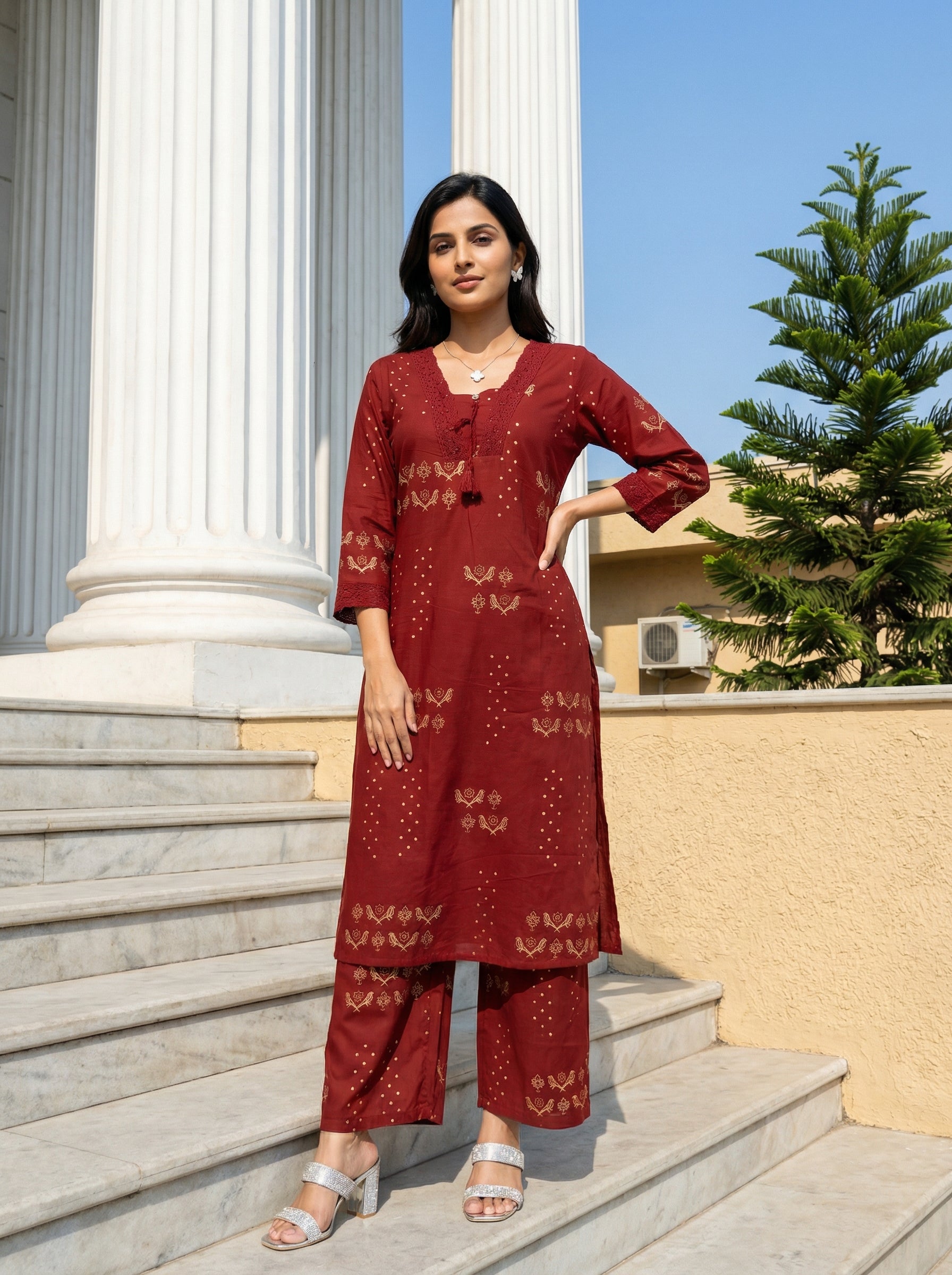 Laced Birdwhirl Maroon Cotton KP Set