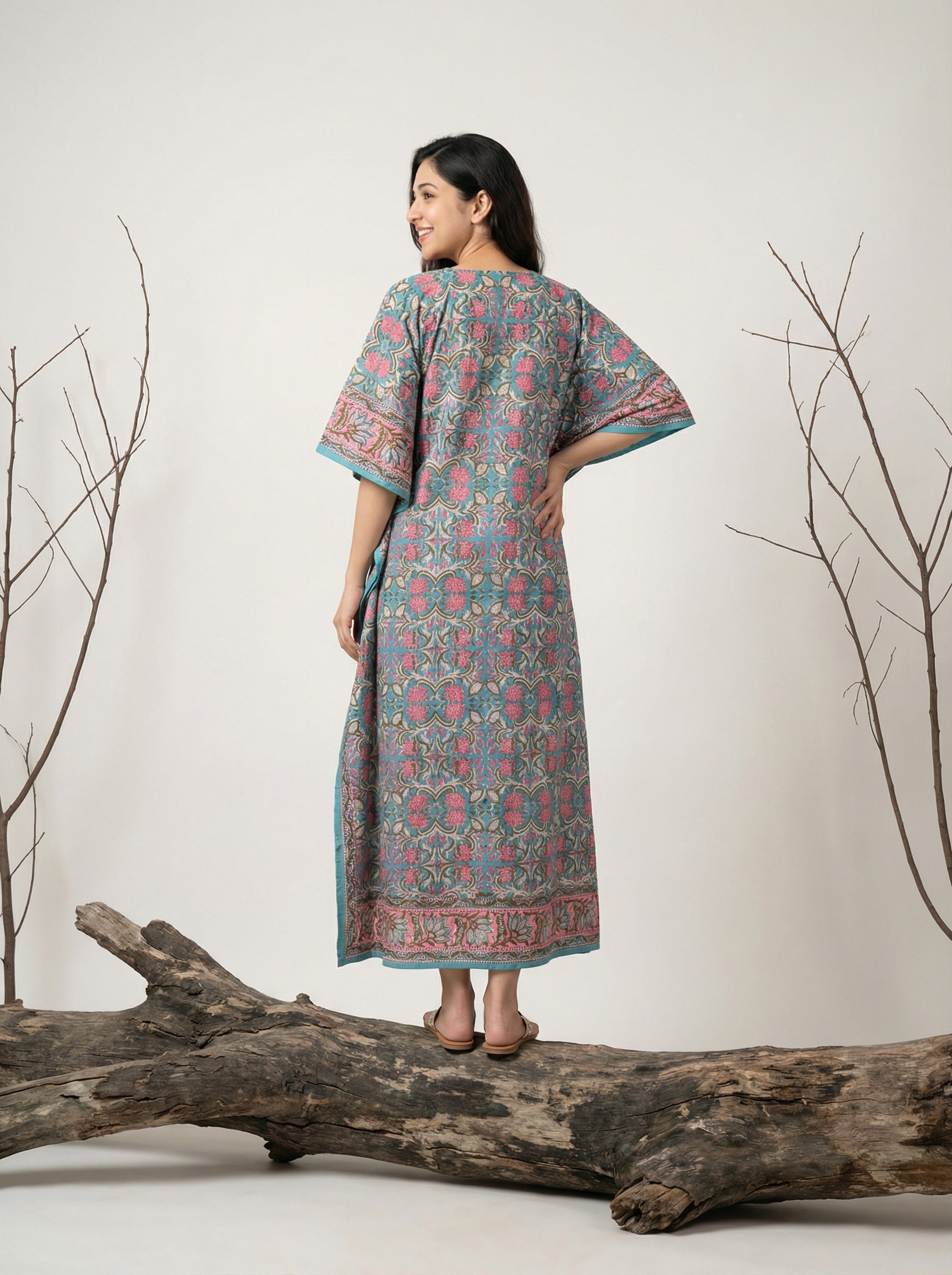 Long Mul Cotton Green/Pink Kaftan