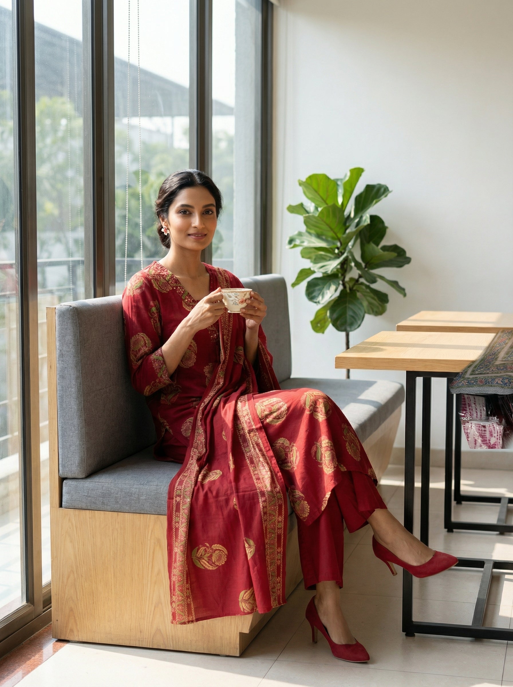 Maroon Cotton Floral KPD Set