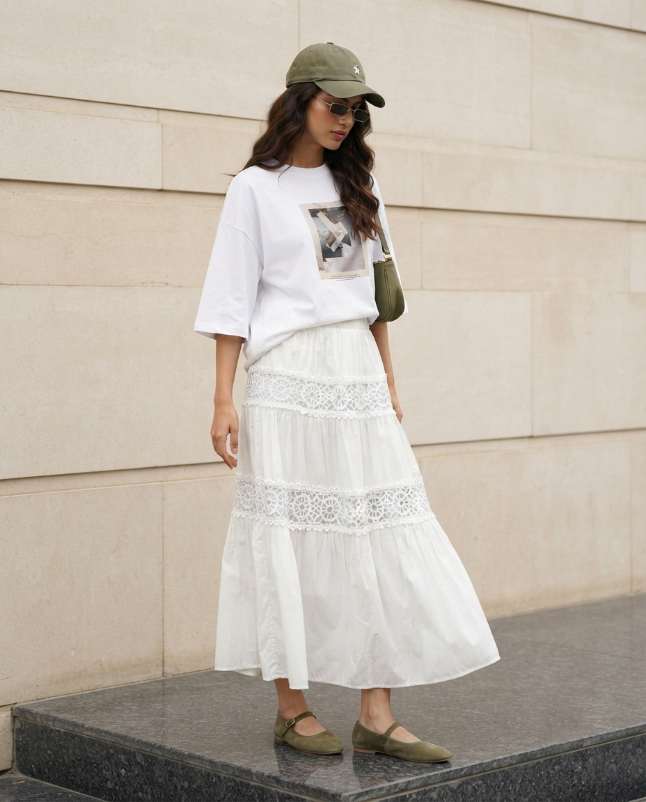 Elara Lace Tiered Skirt – Ivory White