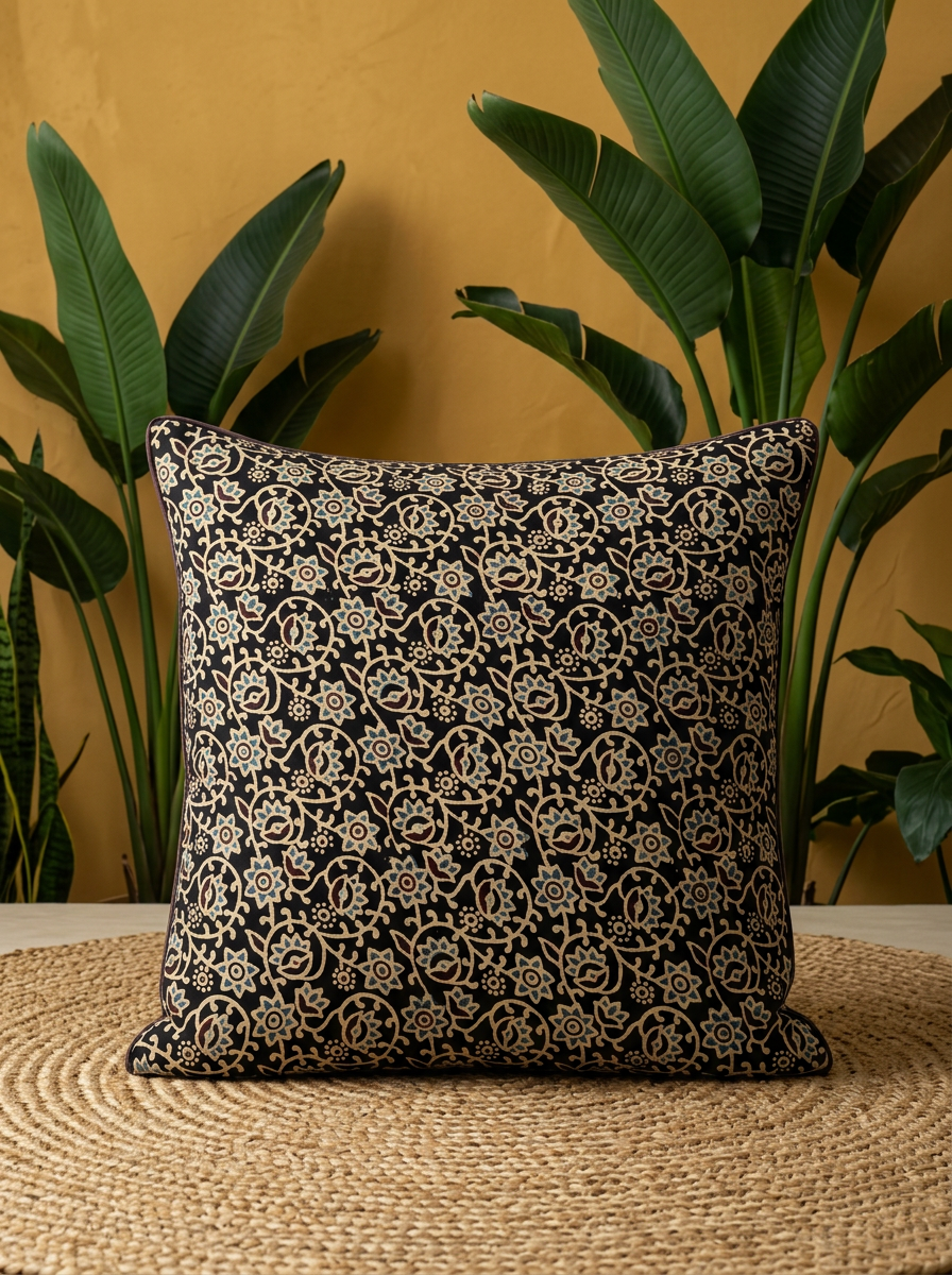 Ajrakh Modal Swirling Blossom Vine Black Cushion Cover