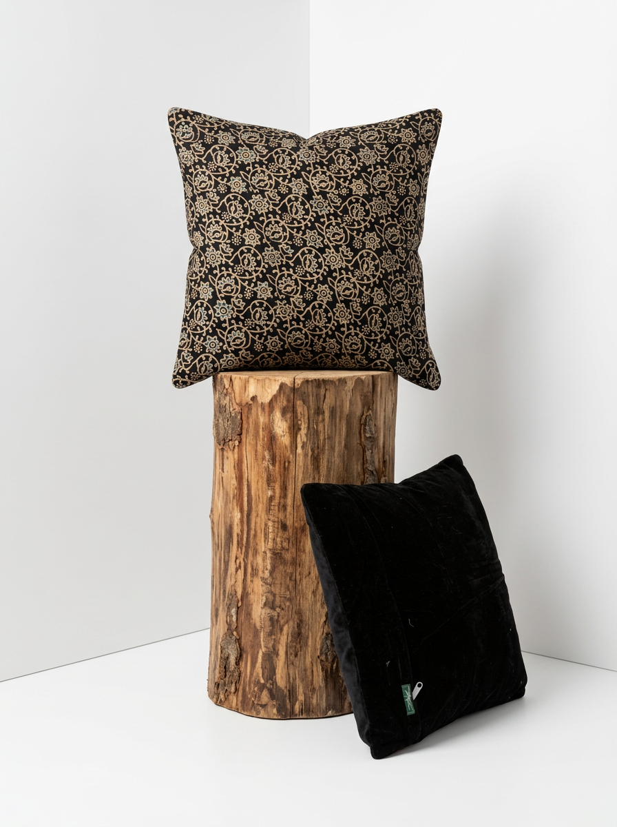 Ajrakh Modal Swirling Blossom Vine Black Cushion Cover