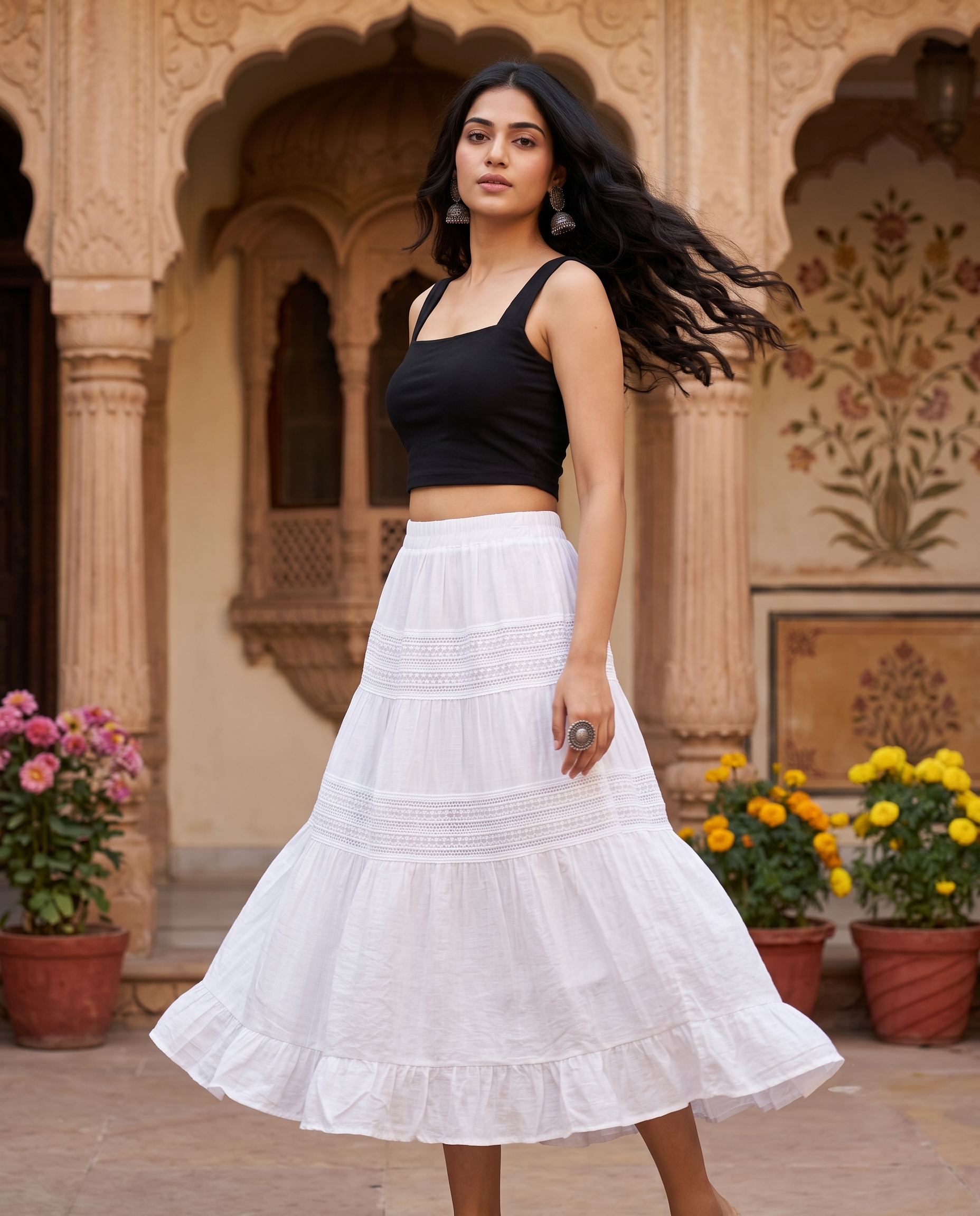 Celestia Tiered Midi Skirt – Ivory White