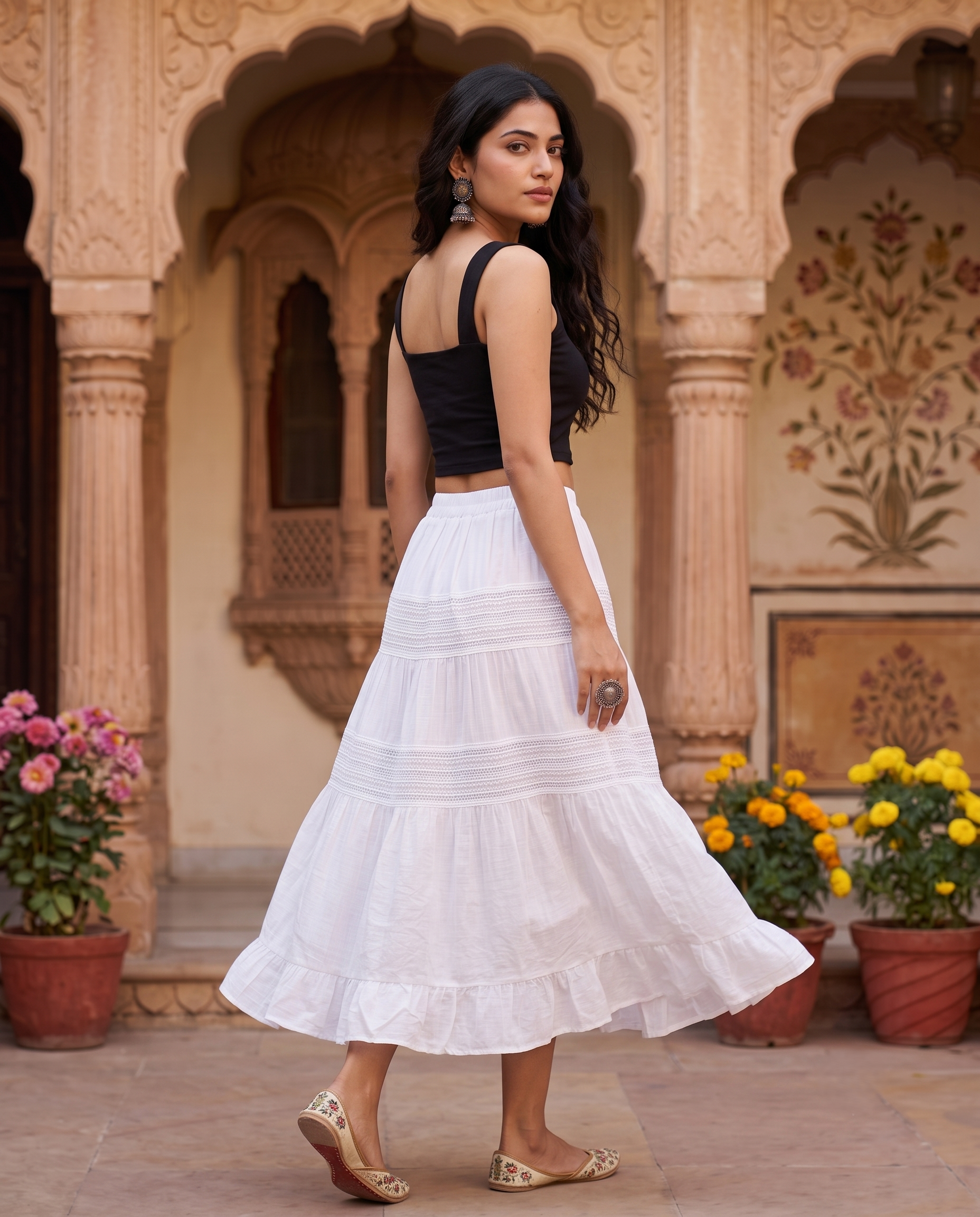 Celestia Tiered Midi Skirt – Ivory White